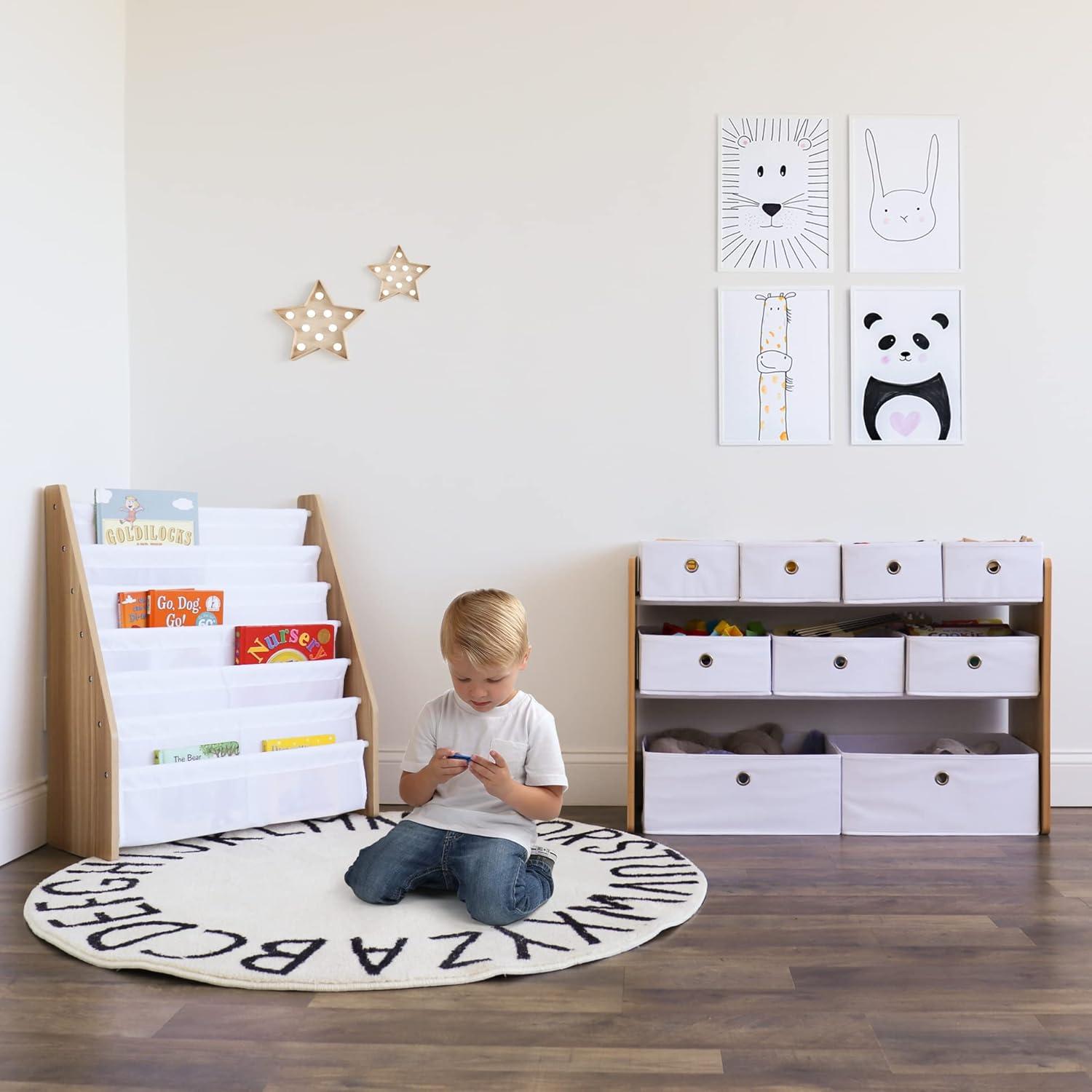 Natural Wood and White 3-Tier Toy Storage Organizer with 9 Fabric Bins