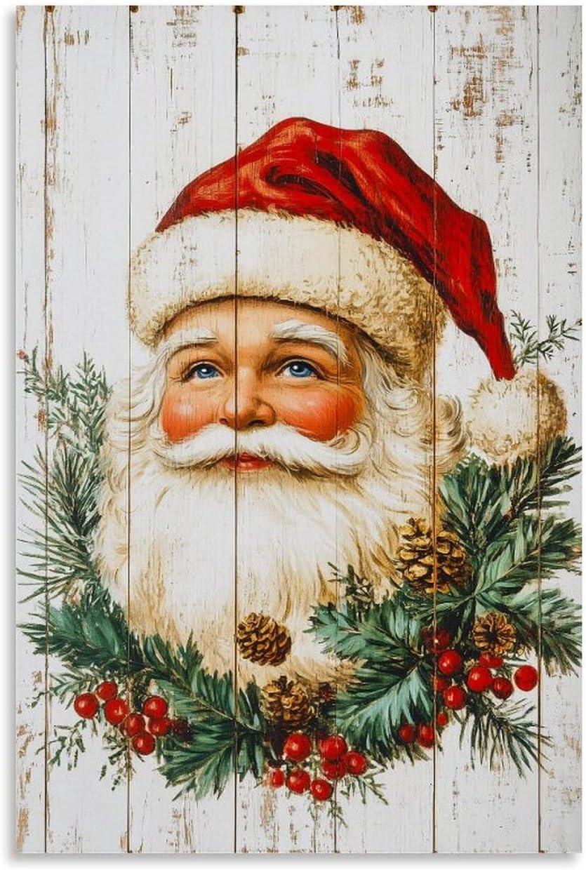 Reccmeny Vintage Christmas Canvas Wall Art, Santa Claus Pictures for Wall Decor, Xmas Poster Santa white Wooden Texture Picture, Holiday Wall Decorations Gifts