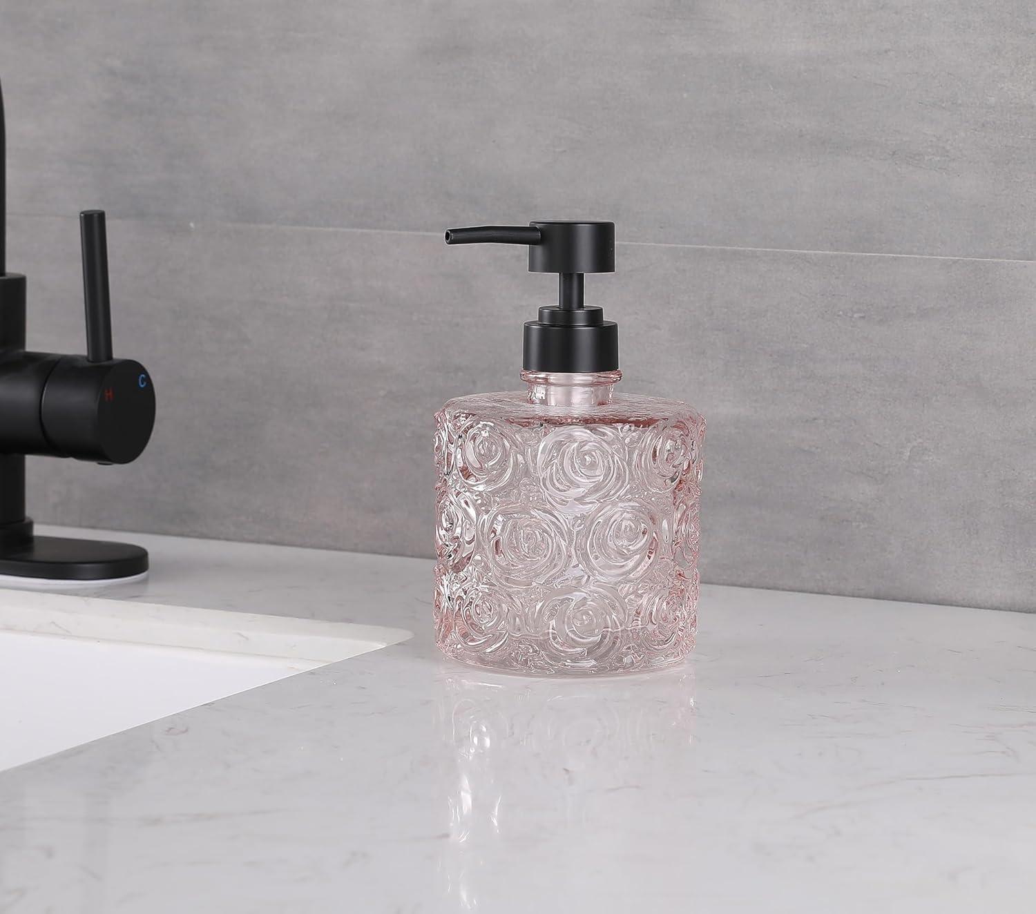 Marcella Glass Soap Dispenser with Soap Pump, Refillable 14 Ounce Capacity, Floral Design Rose Patterns, Heavy Weight Thick Glass for Bathroom, Premium Kitchen Soap Dispenser Peach Blush