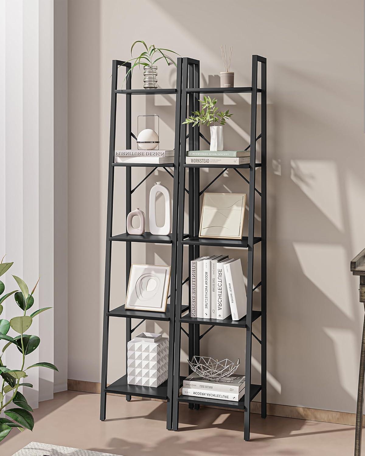 Black Industrial 5-Tier Ladder Corner Bookshelf with Hooks