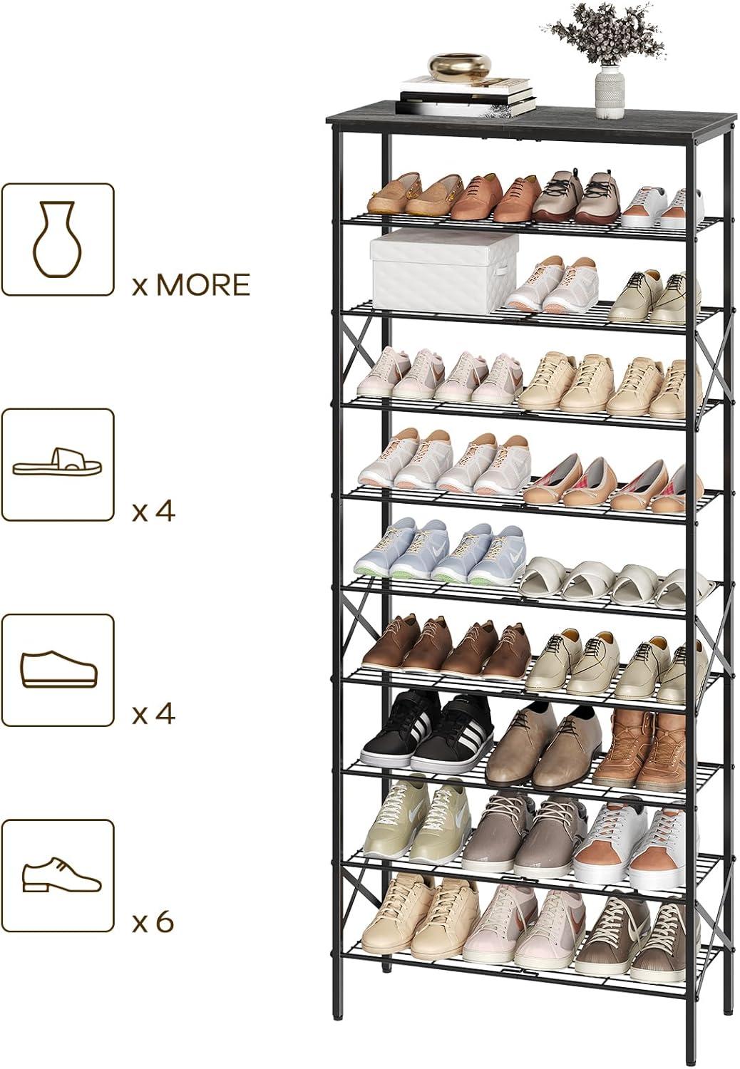 Charcoal 10-Tier Metal Mesh Shoe Rack Organizer