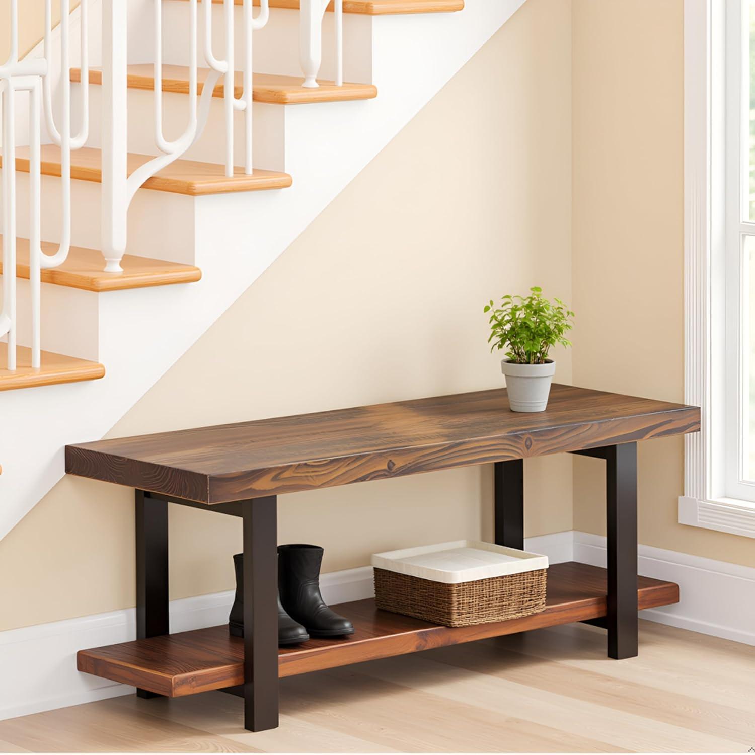 48" Pomona Solid Wood and Metal Entryway Bench Brown - Alaterre Furniture: Rustic Style, 2-Seater with Storage, Spot Clean
