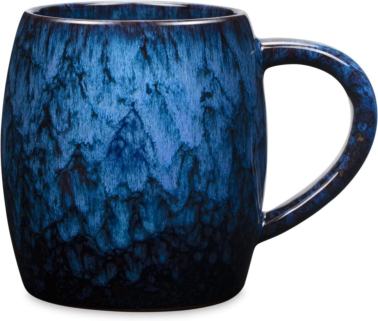 21 Oz Large Ceramic Coffee Mug, Handmade Pottery Big Tea Cup for Office and Home, Big Handle Hot and Cold Drinking, Microwave and Dishwasher Safe, Unique Texture Glaze (Deep blue)
