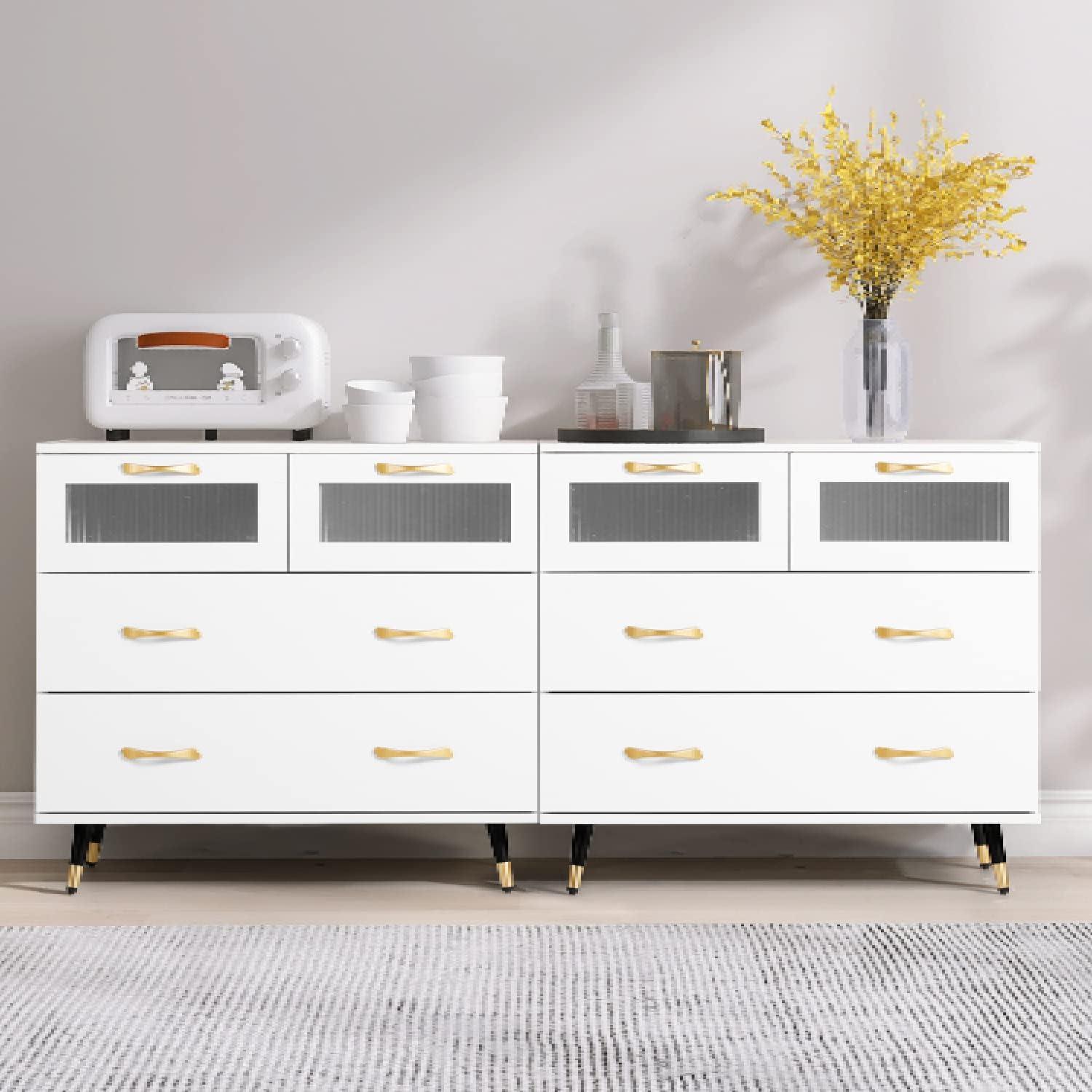 Small White Dresser, Modern Dresser for Bedroom, 4 Drawer Double Dresser with Wide Drawer and Metal Handles, Wood Dressers & Chests of Drawers for Hallway, Entryway.