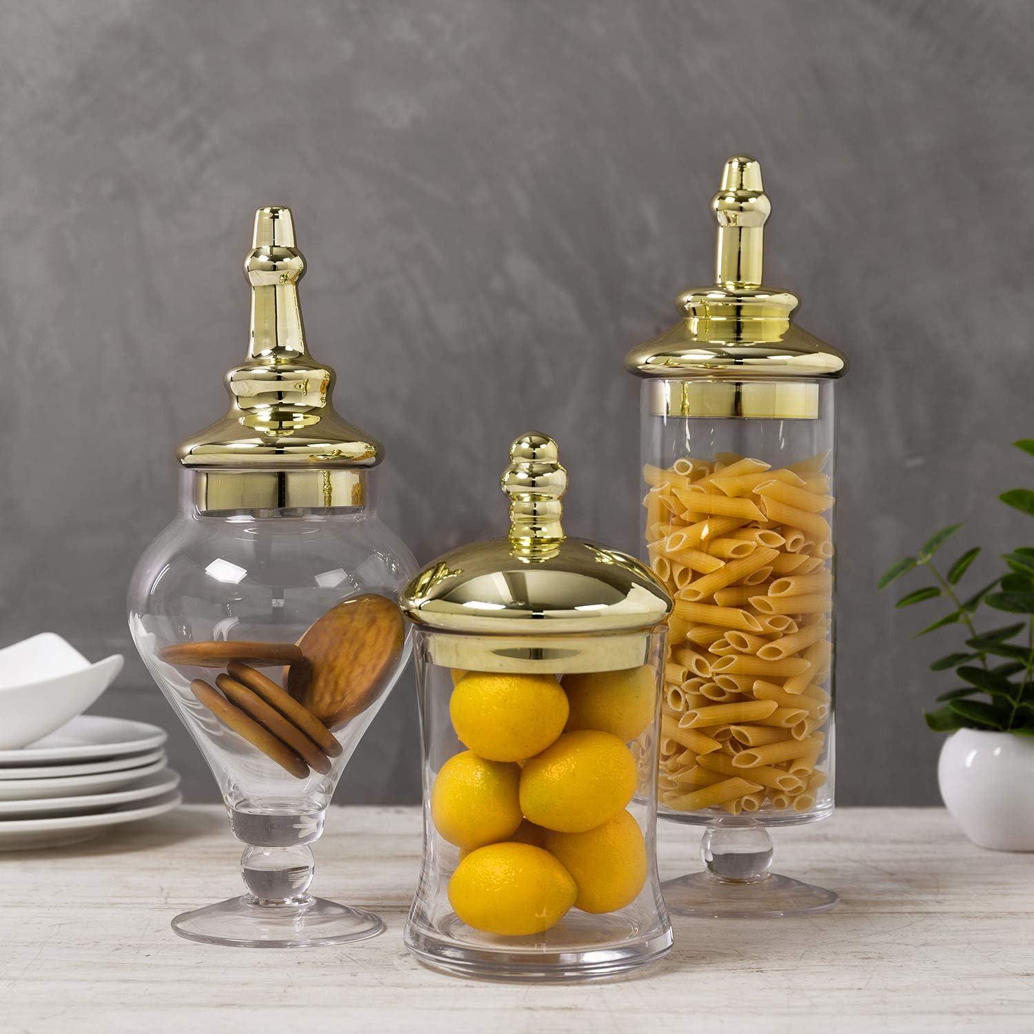 Clear Glass Apothecary Jars with Brass Lids, Set of 3