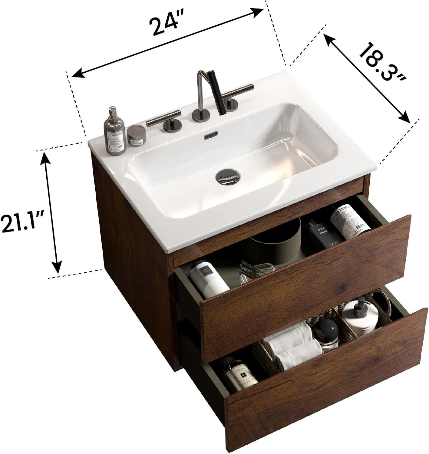 Little Tulip 24" Floating Modern Bathroom Vanity with 3-Hole Ceramic Sink in Walnut