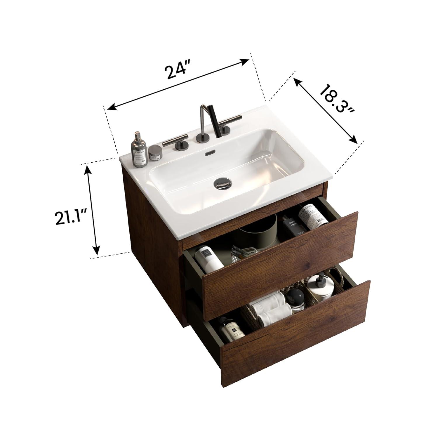 CITTANEO 24" Floating Modern Bathroom Vanity with 3-Hole Ceramic Sink in Walnut
