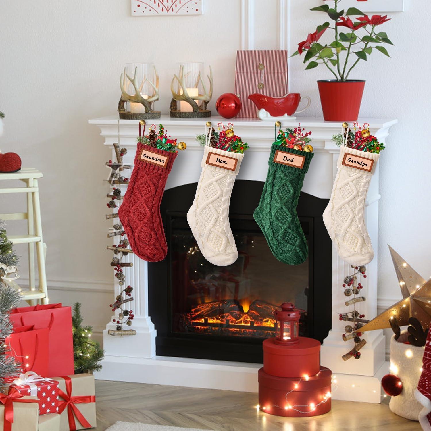 Large Red and Green Cable Knit Christmas Stockings, 4 Pack