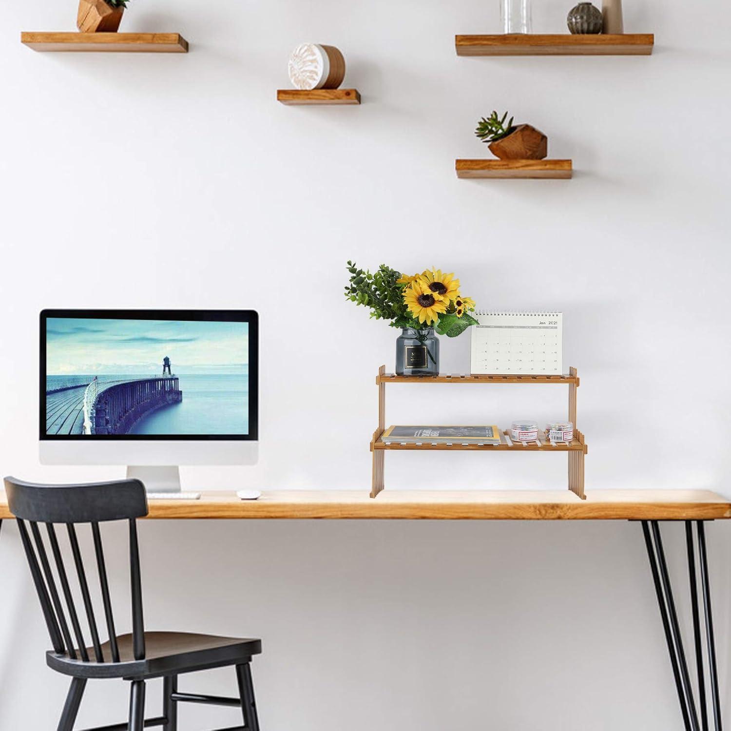 Adjustable Bamboo 2-Tier Rectangular Plant Stand Shelf