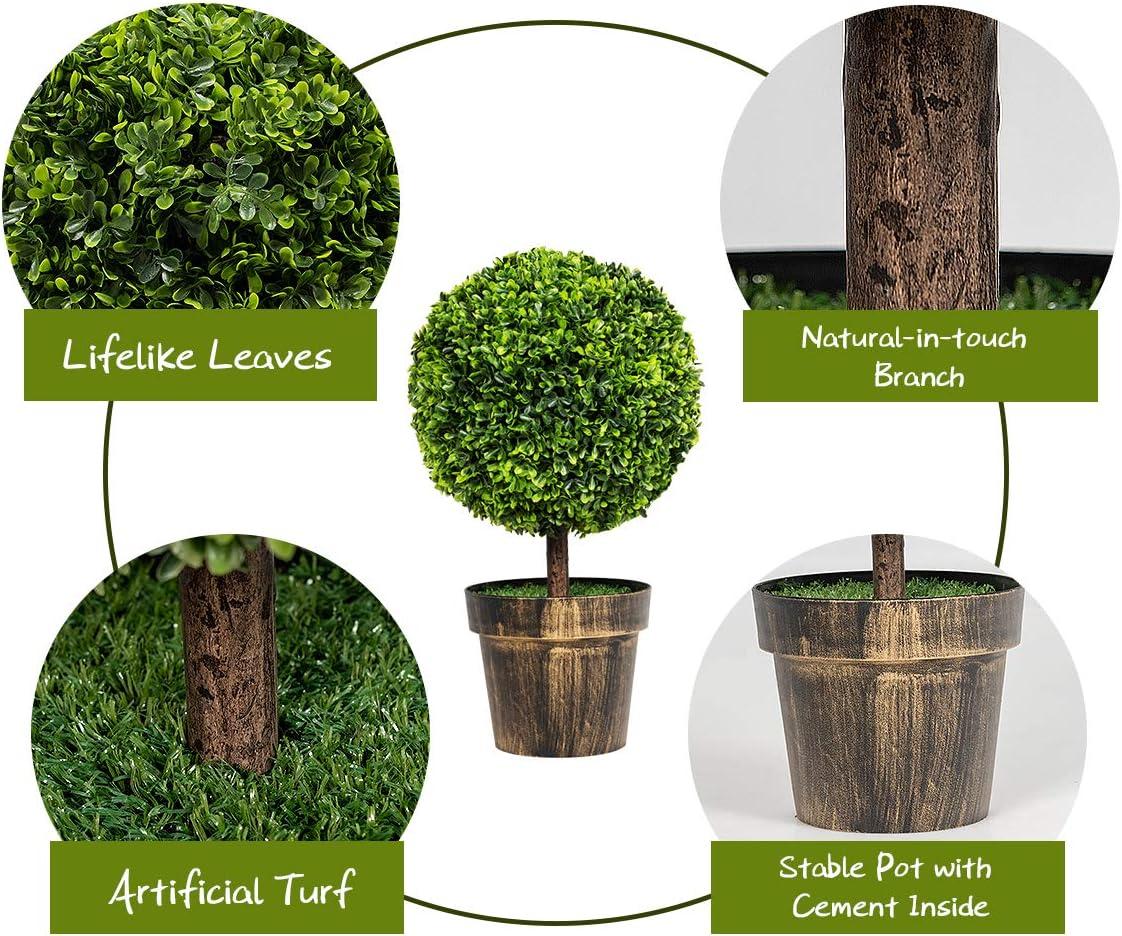 22’’ Faux Boxwood Topiary Ball Tree Set of 2, Artificial Plants Outdoor Weather Resistant, Cement-Filled Potted Bushes, Evergreen Topiary Trees Artificial for Porch Decoration Indoor Outdoor