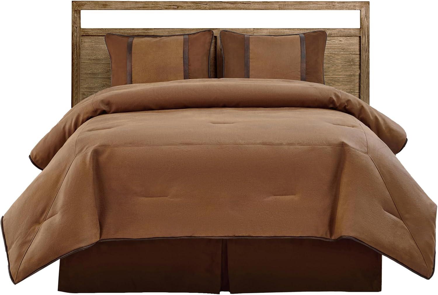 Paseo Road Brighton Western Bedding 4 Piece Full Size Comforter Set, Brown Rustic Cabin Theme Faux Leather Bed Set, Winter Warm Comforters Sets with Bed Skirt, Shams, Accent Pillow