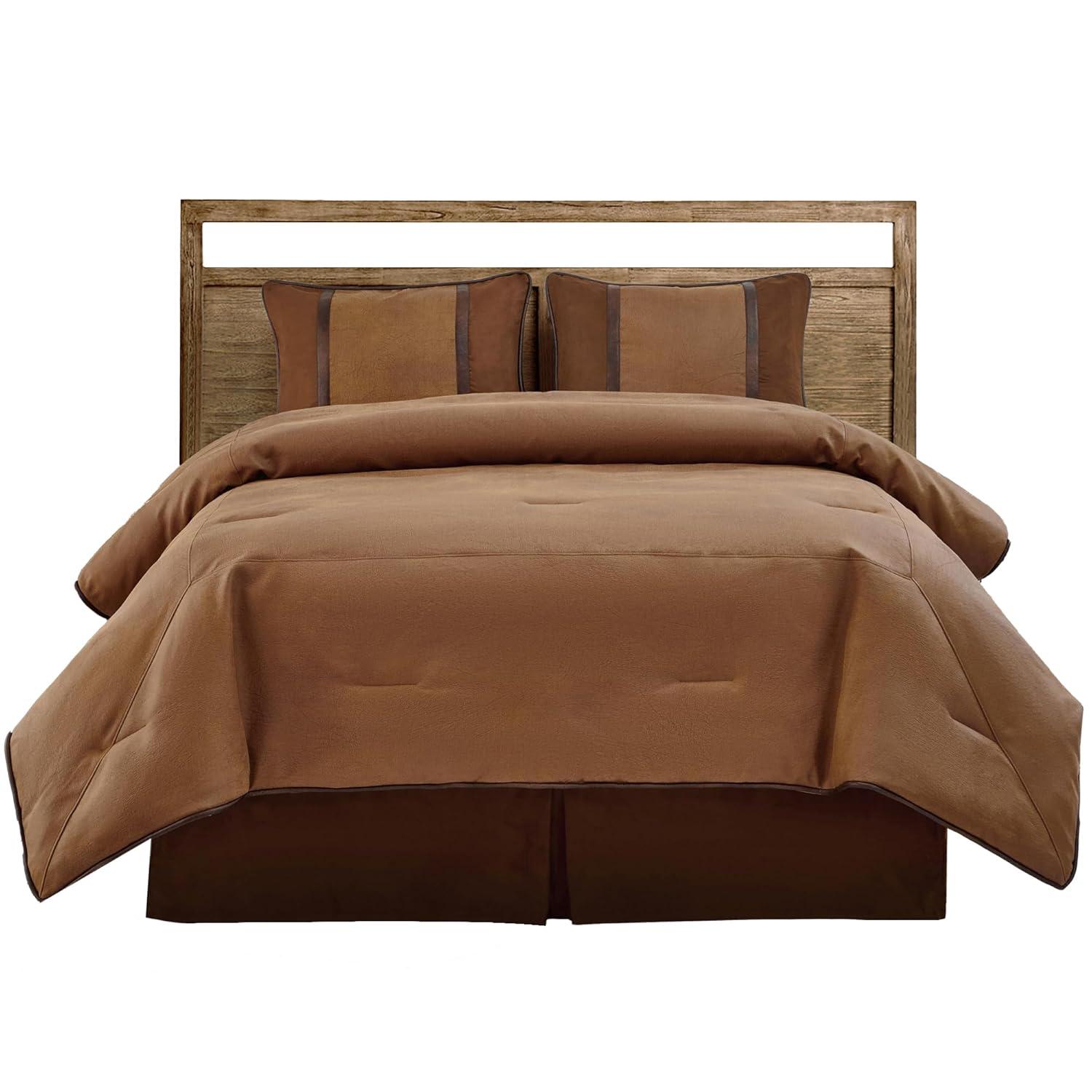 Paseo Road Brighton Western Bedding 4 Piece Full Size Comforter Set, Brown Rustic Cabin Theme Faux Leather Bed Set, Winter Warm Comforters Sets with Bed Skirt, Shams, Accent Pillow
