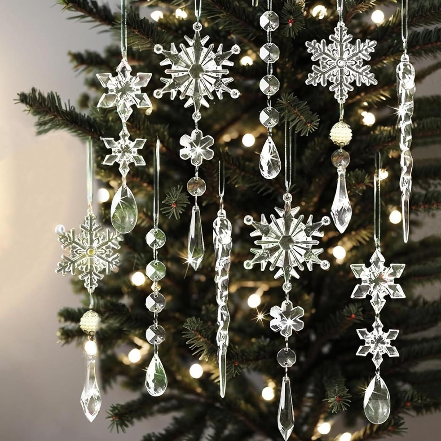 Meottam 18 Pieces Christmas Tree Ornaments - Hanging Acrylic Snowflake Icicle Drop Hanging Ornaments for Party Decor Christmas Wedding Birthday Winter Decor (Iridescent)