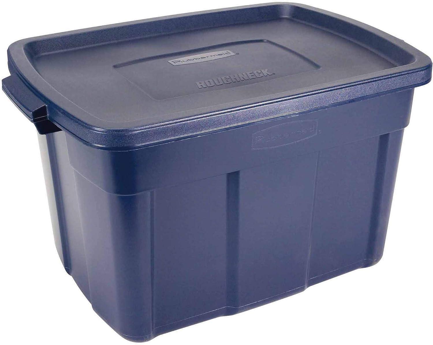 Rubbermaid Roughneck 25 Gallon Rugged Stackable Storage Container with Tight Lid for Indoor or Outdoor Home Organization, Dark Indigo Metallic, 4 Pack