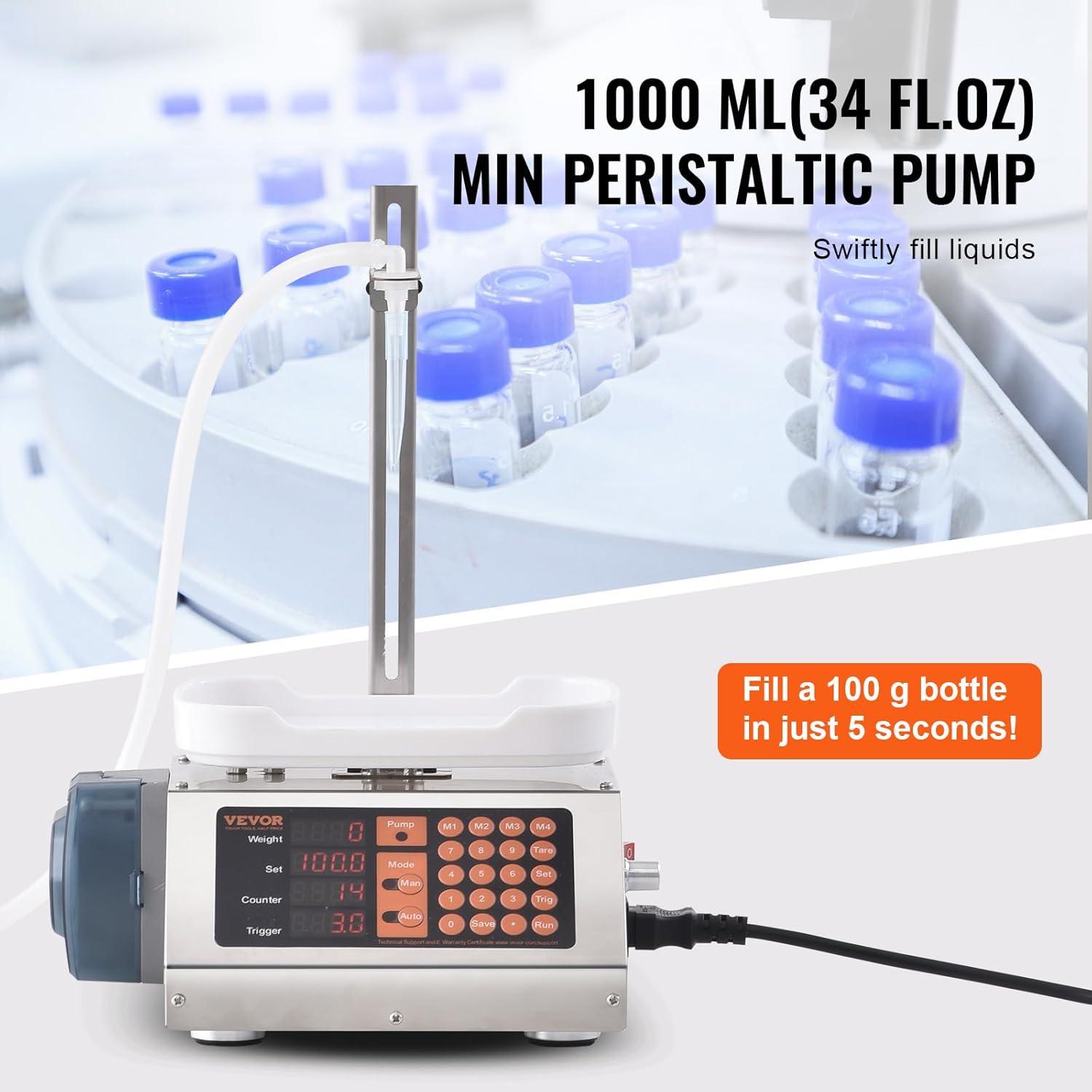 VEVOR Paste Liquid Filling Machine 5-300g,1L/min Flow Rate, Peristaltic Pump Digital Control Automatic Weighing Bottle Filling Machine for Soy Sauce, Drink, Vinegar, Milk, Alcohol,Low Viscous Liquids