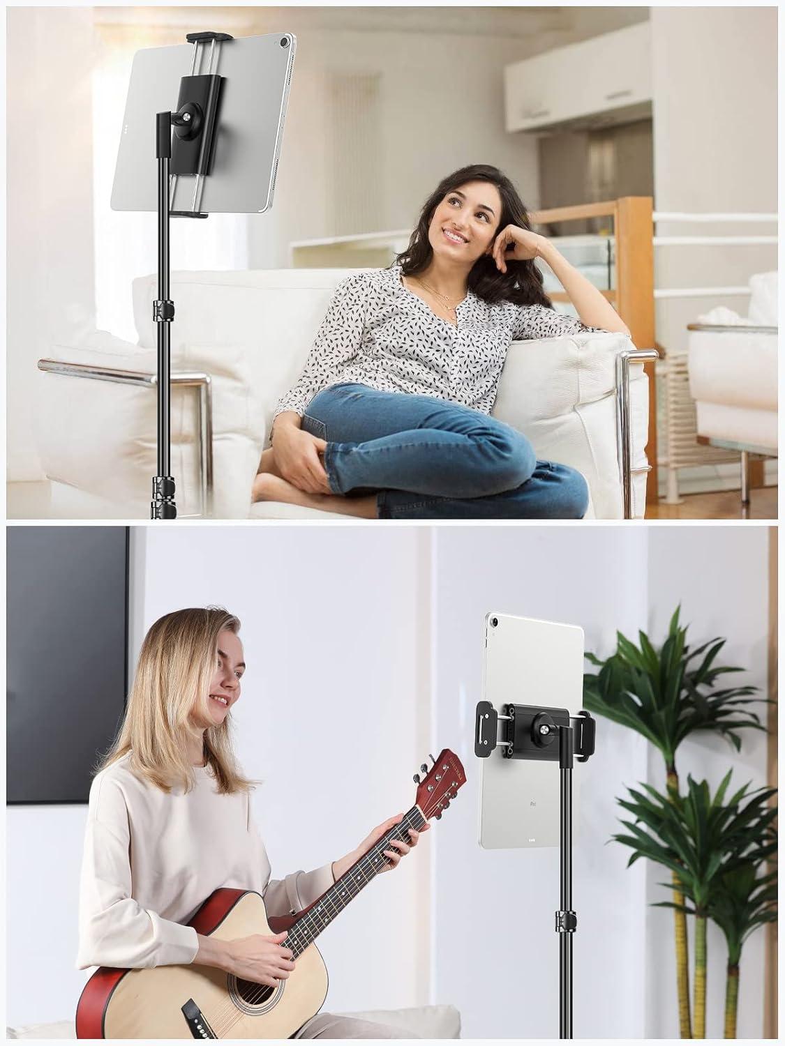elitehood Aluminum iPad Stand Tripod, 65'' Adjustable Tablet Tripod Holder, 360 Degree Rotating iPad Holder Stand for Floor, Compatible with 4.7-13" Tablets and Phones– Black