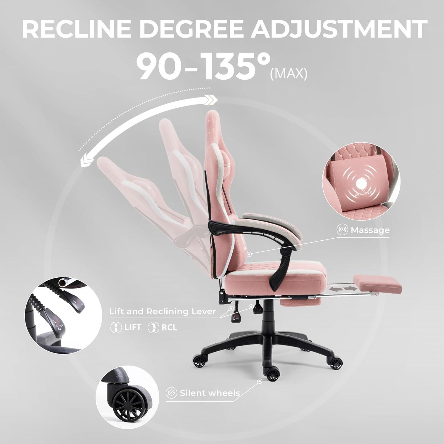 Dowinx Fabric Gaming Chair with Massage Lumbar Support, High Back Ergonomic Computer Chair with Footrest for Adult, Pink