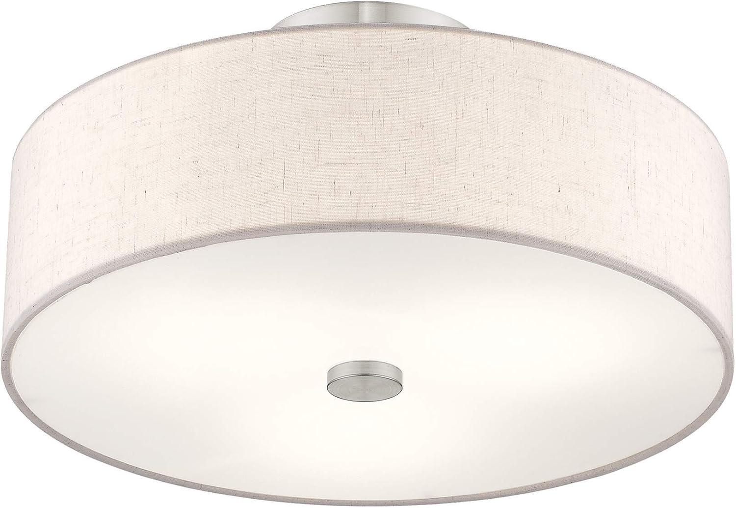 Meridian Brushed Nickel 3-Light Drum Ceiling Fixture with Oatmeal Shade