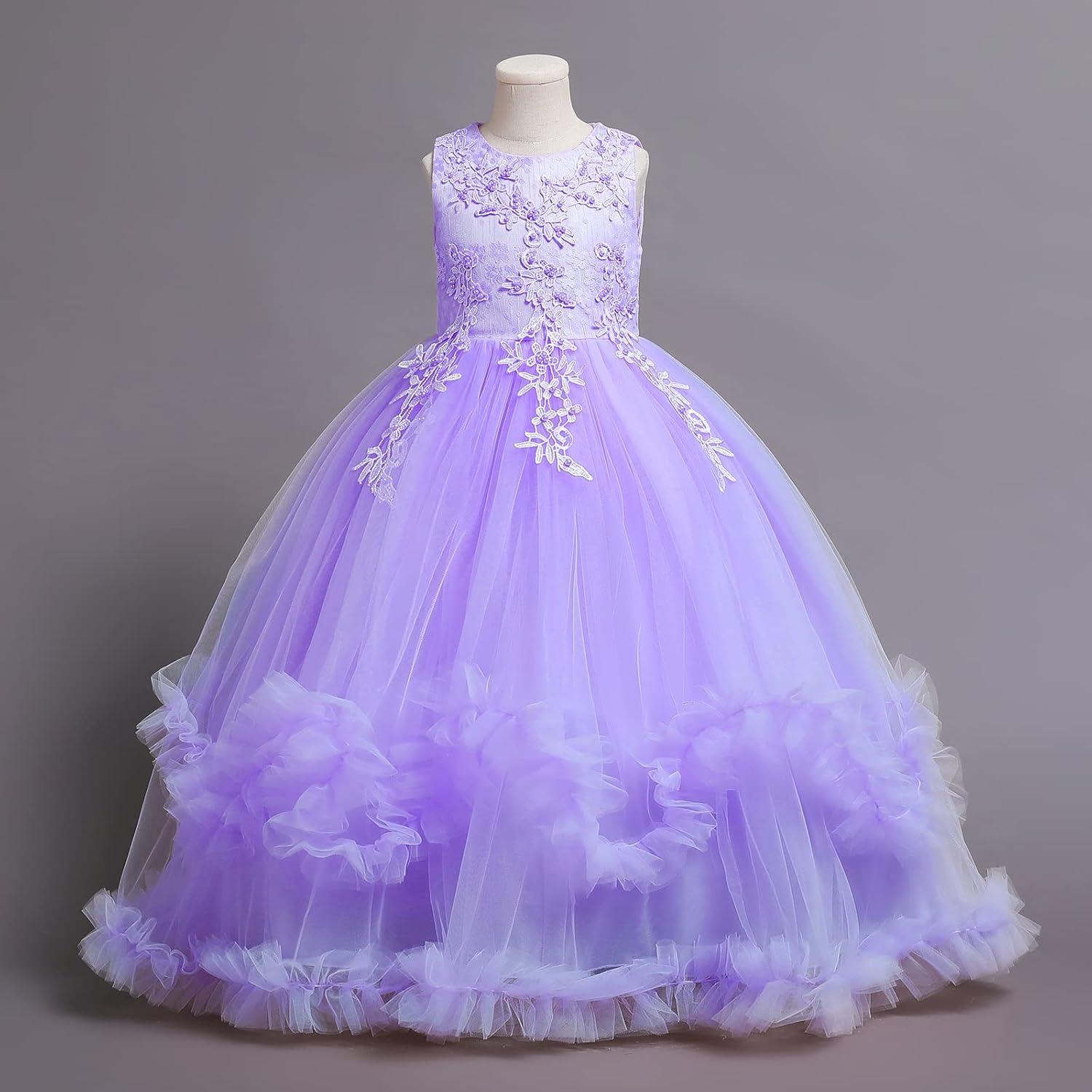 IBTOM CASTLE Vestidos de Desfile Bordados de Encaje Bohemio Floral de Princesa para Fiesta de Niños Boda Vestido Largo de Comunión Hinchado 11-12 Años Púrpura