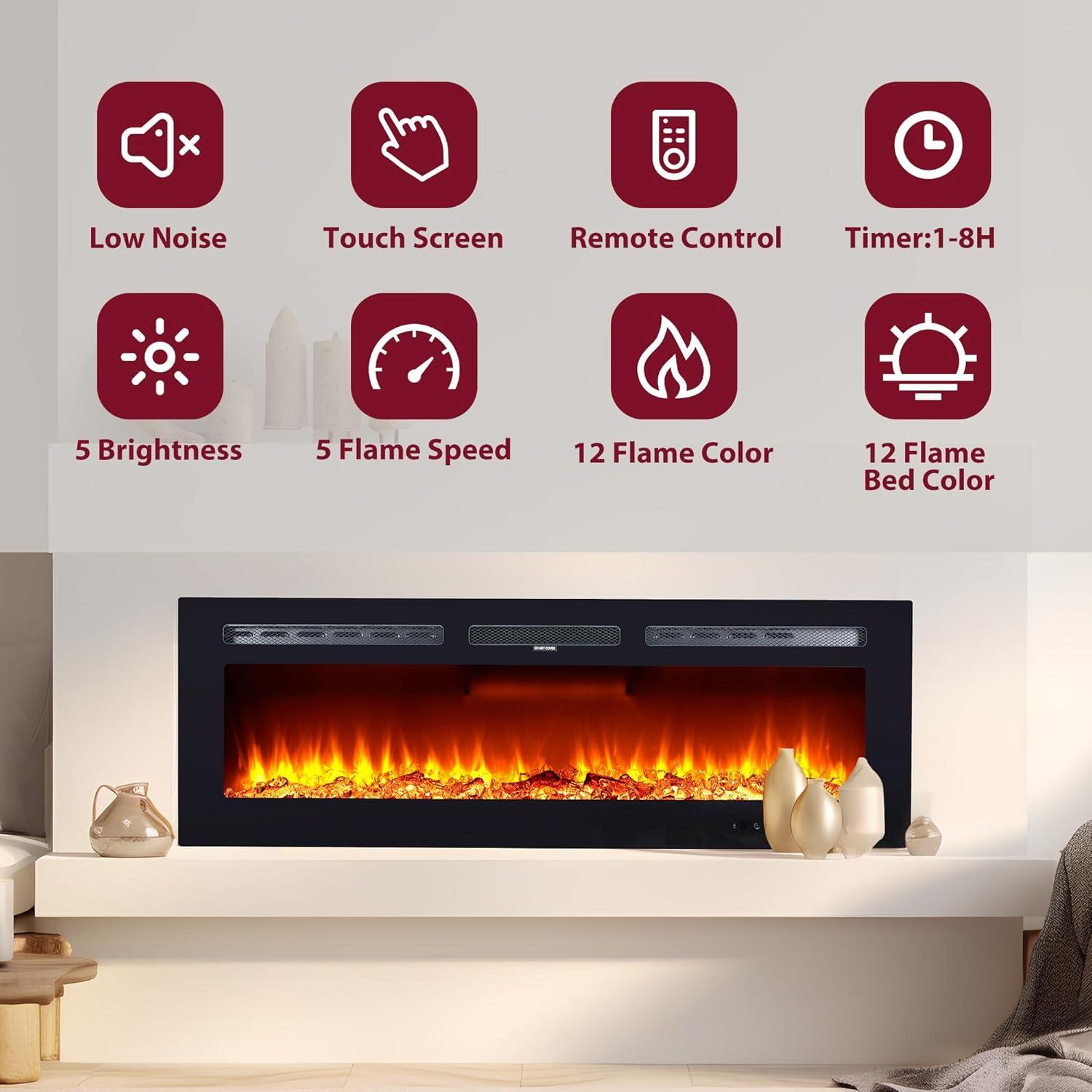 Electric Fireplace in-Wall Recessed and Wall Mounted, 50" Fireplace Heater and Linear Fireplace with Timer/Multicolor Flames/Touch Screen/Remote Control, 750W/1500W