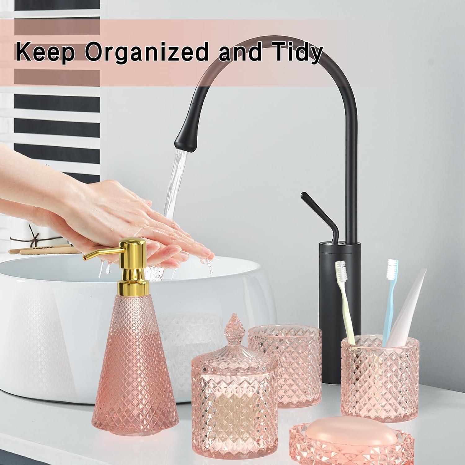 Pink Diamond-Cut Glass and Gold Bathroom Accessory Set