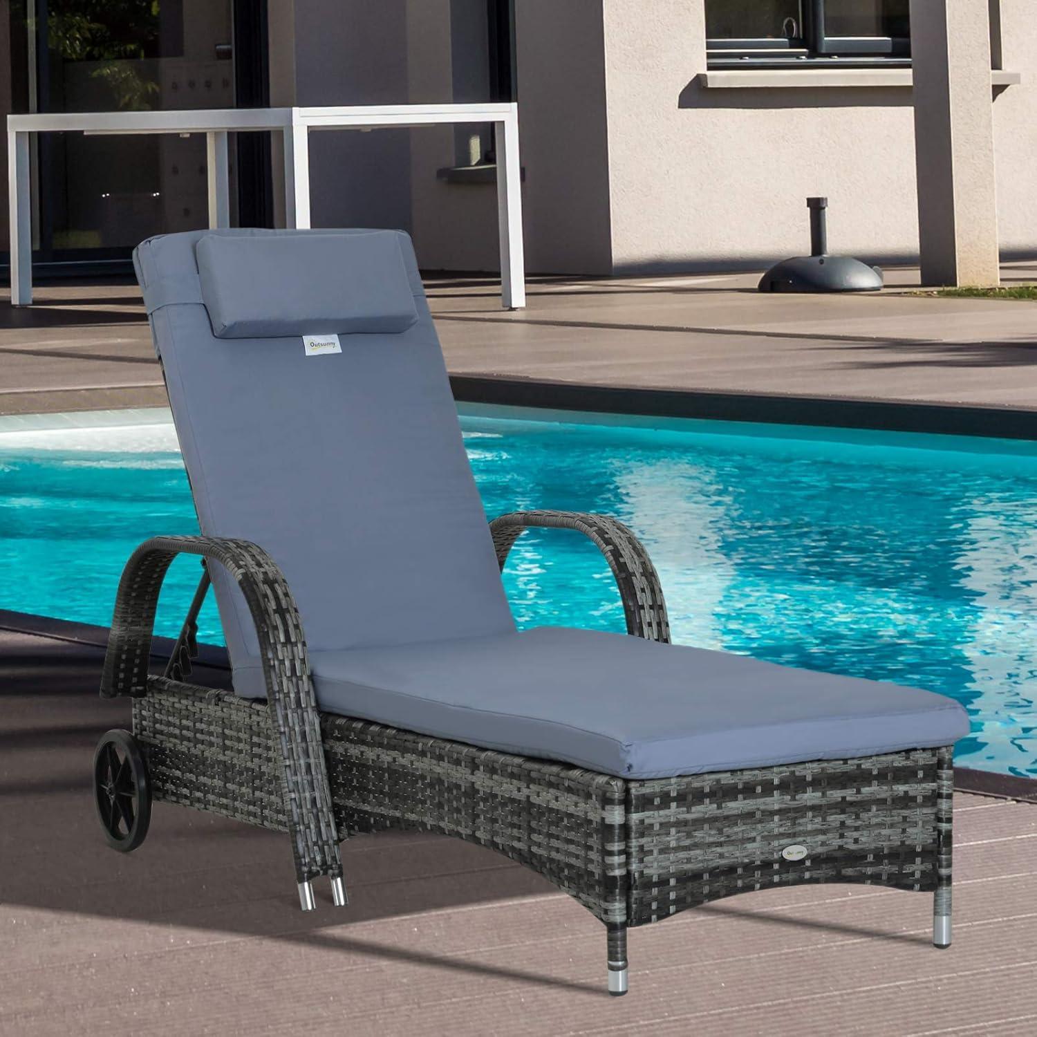 Outsunny Patio Wicker Chaise Lounge, PE Rattan Outdoor Lounge Chair with Cushion, Height Adjustable Backrest & Wheels