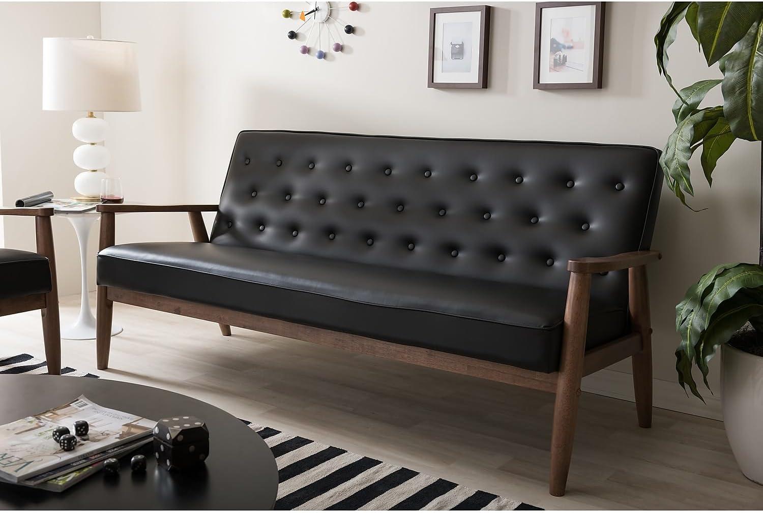 Mid-Century Modern Black Faux Leather Sofa with Tufted Back