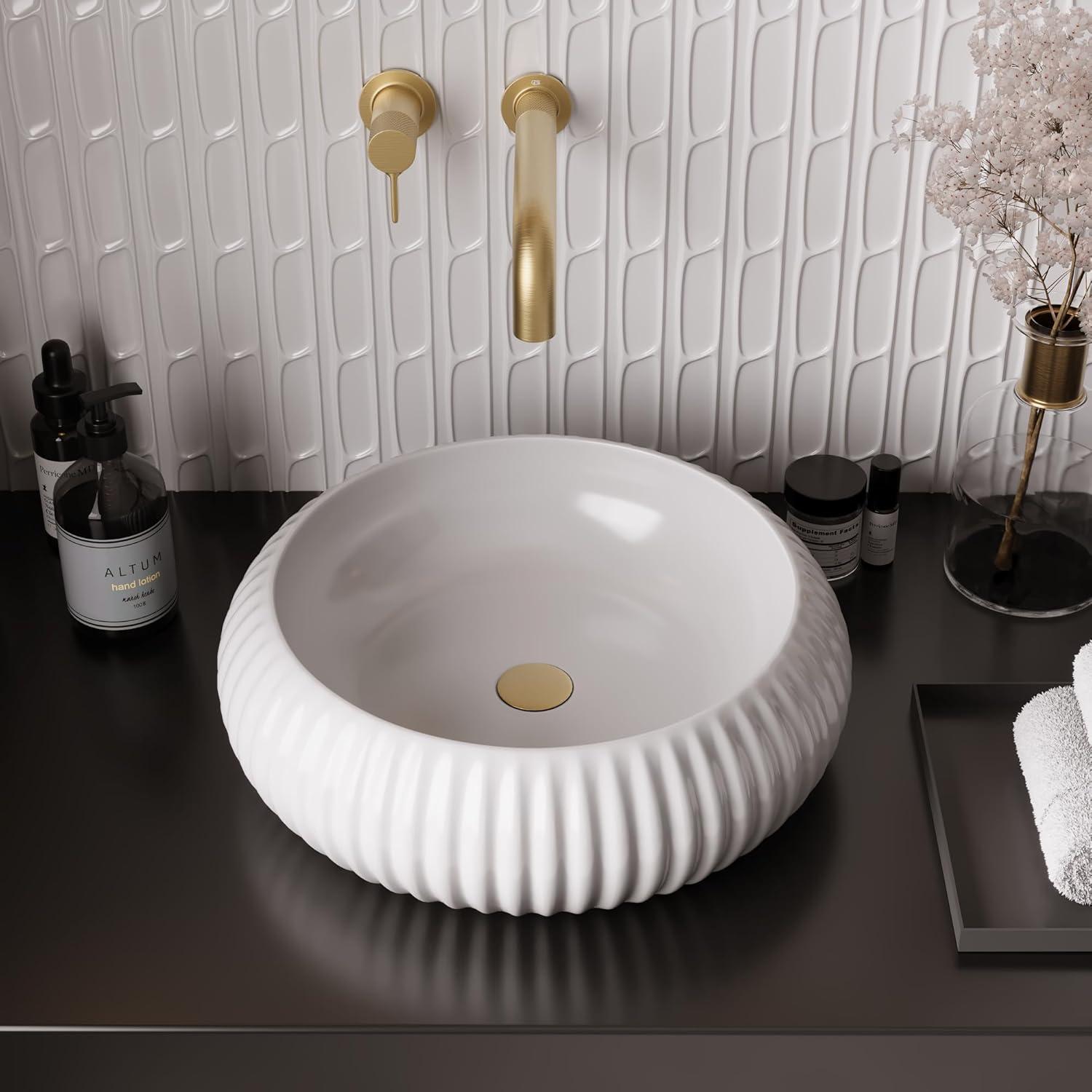 DeerValley 16" x 5'' Bathroom Sink,White Ceramic Circular Vessel Sink,Vitreous China Vessel Bathroom Sink with Fluted Sides and Overflow