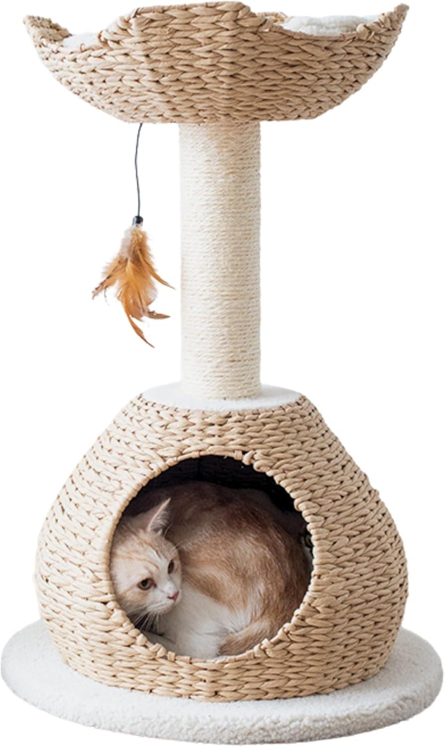 PetPals PetPals Walk Up Cat Tree with Fleece Perch, Handwoven Basket, and Sisal Scratching Post, Eco-Friendly Cat Furniture, Beige