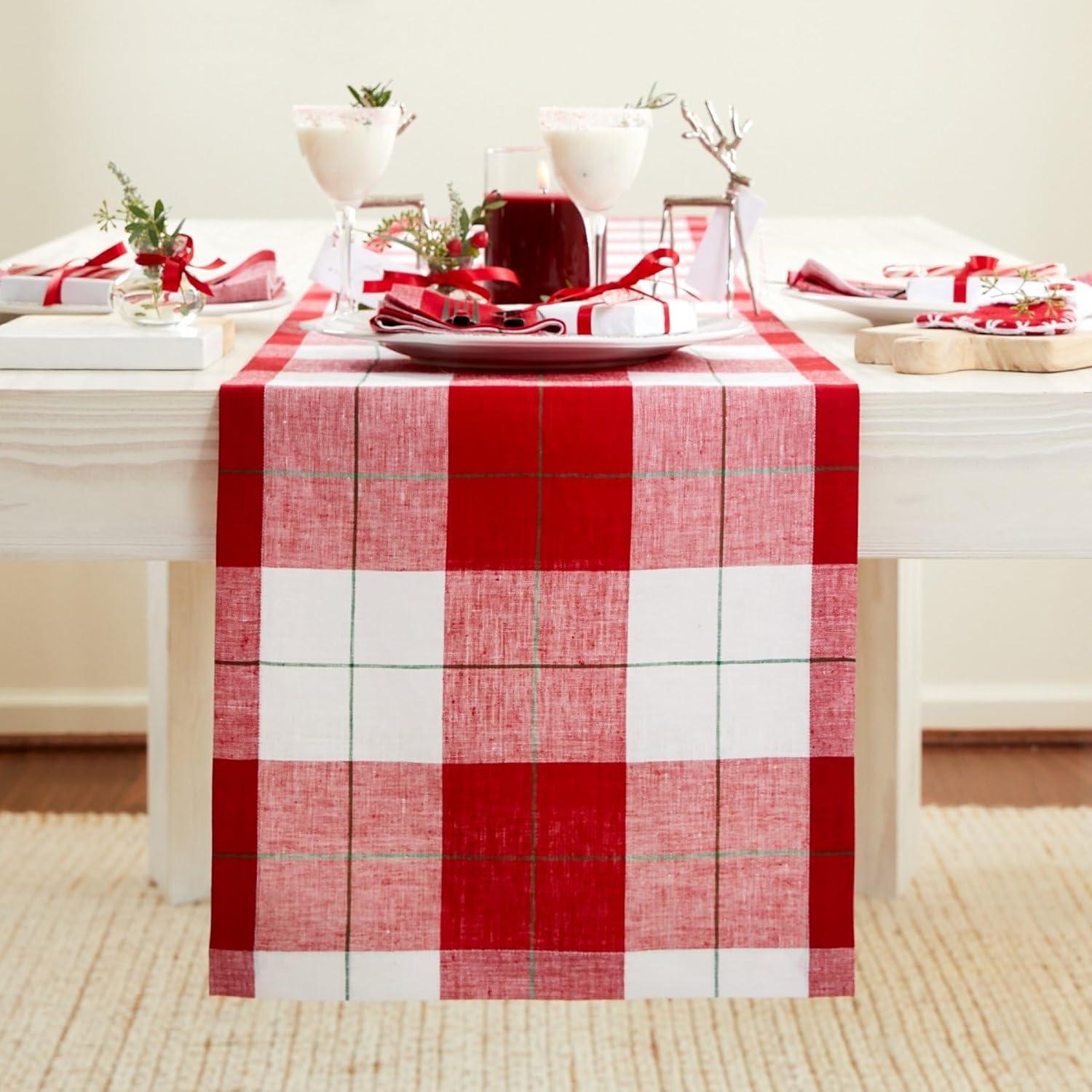 Solino Home Very Merry Plaid - 100% Pure Linen Christmas Table Runner