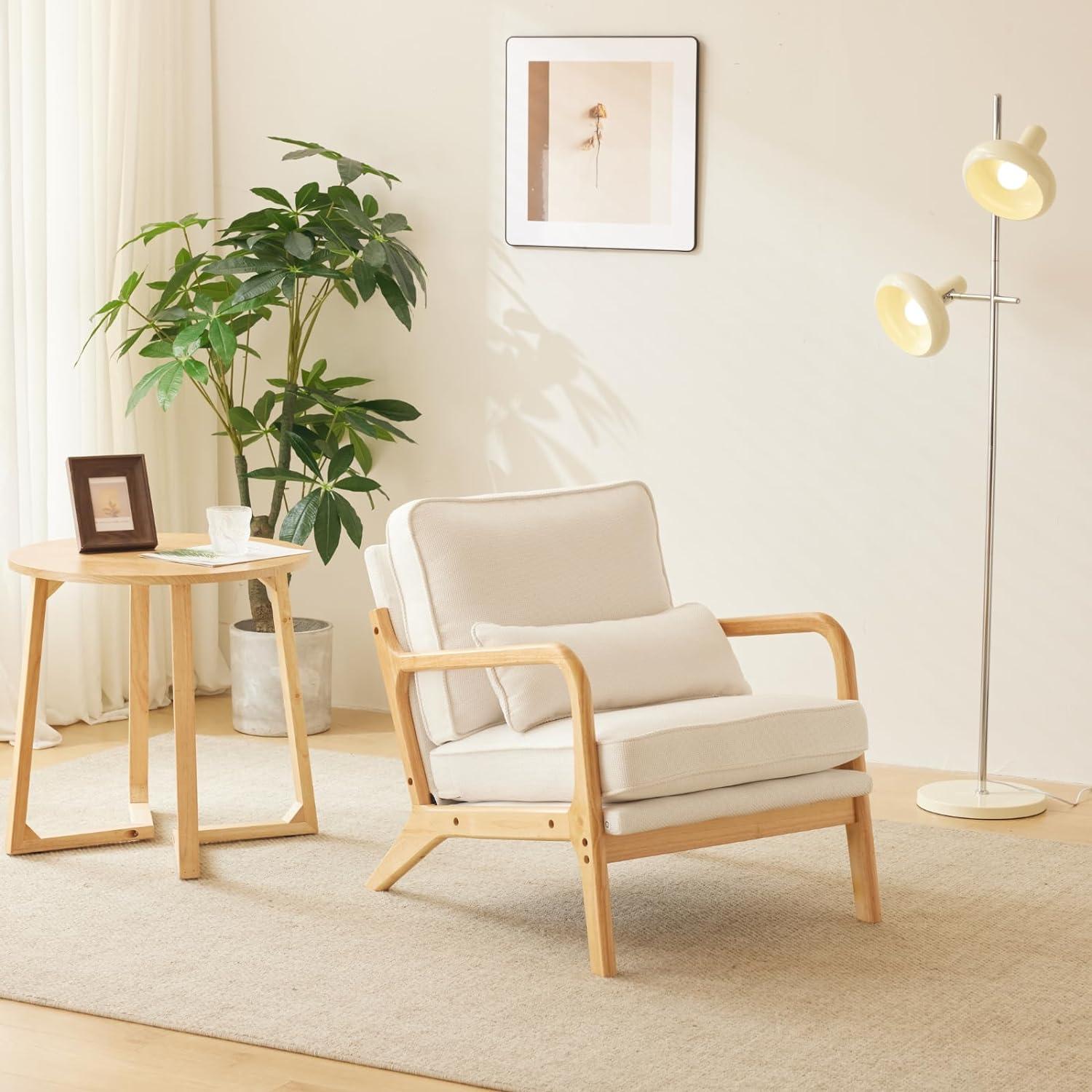 Beige Linen Armchair with Wood Frame and Pillow