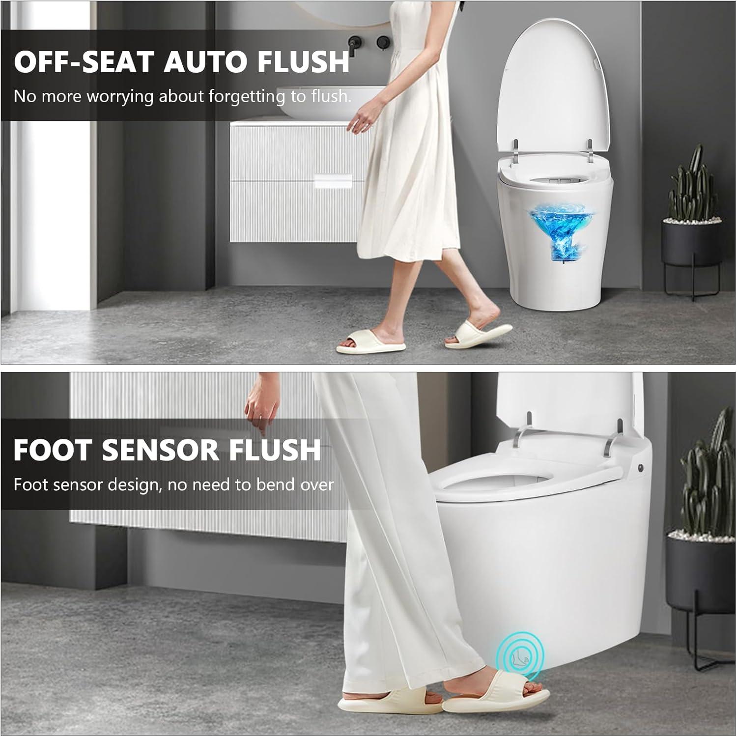 Smart Toilet with Warm Water Sprayer, Foot Sensor Operation, Heated Bidet Seat, Raised Tankless Toilet with LED Display