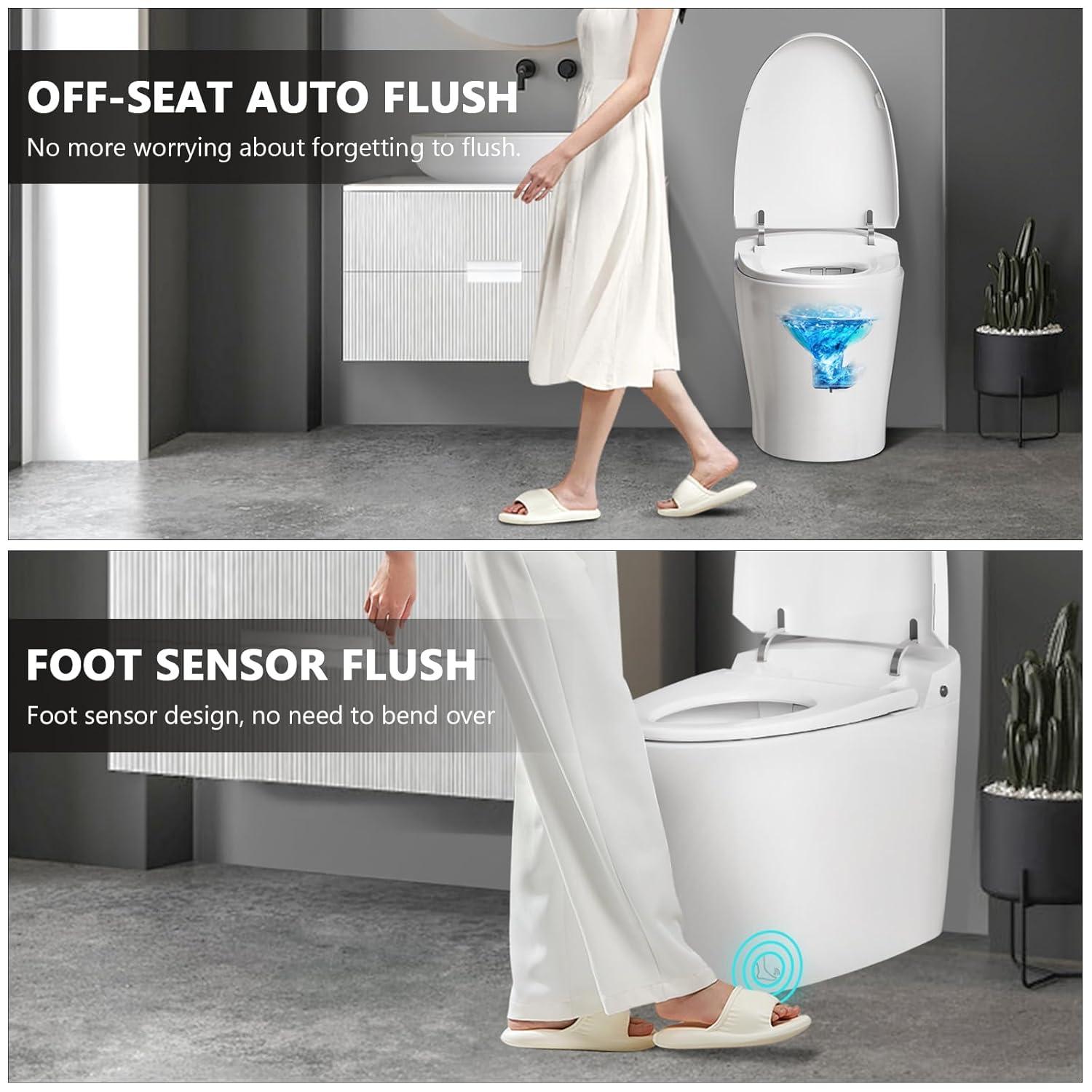 Smart Toilet with Warm Water Sprayer, Foot Sensor Operation, Heated Bidet Seat, Raised Tankless Toilet with LED Display