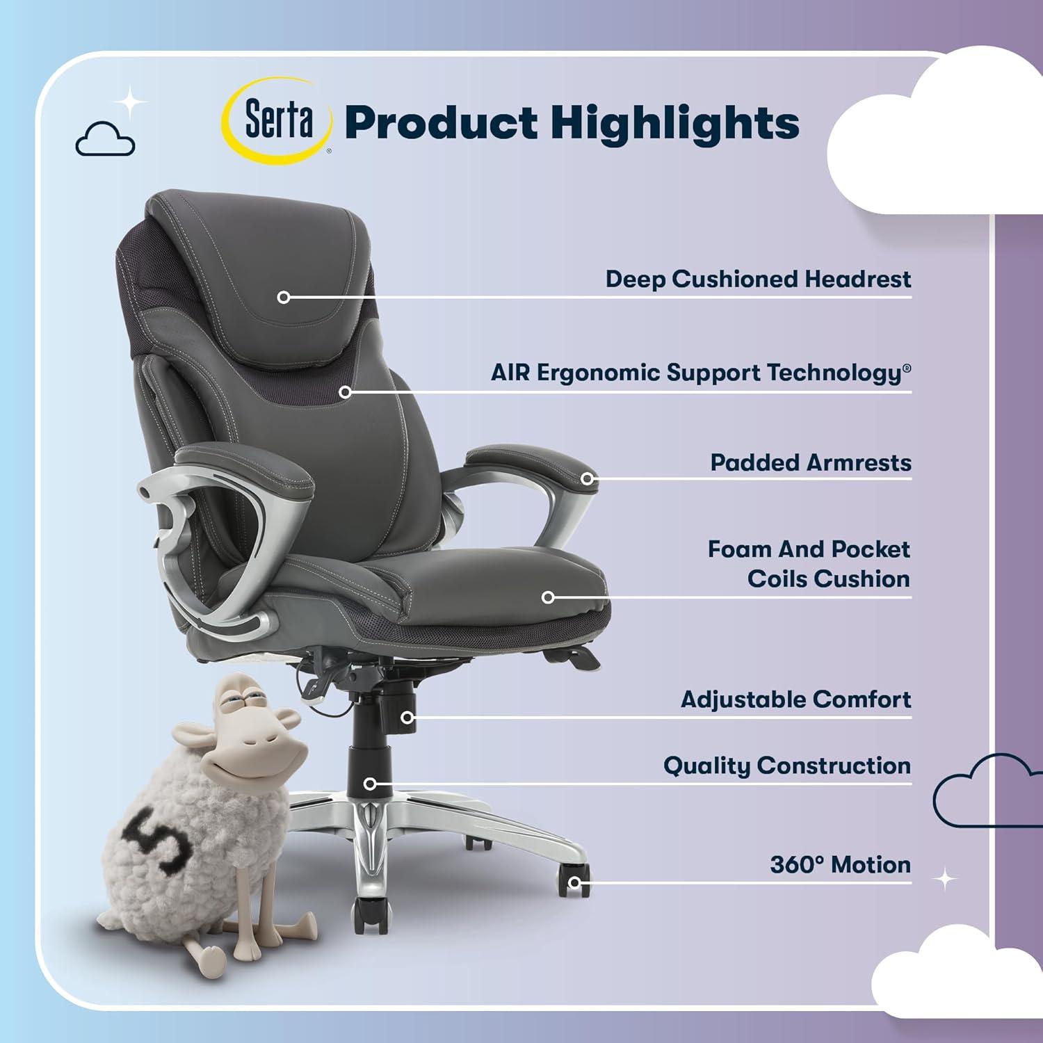 Serta Bryce Executive Office Chair with Patented AIR Lumbar Technology and Layered Body Pillows