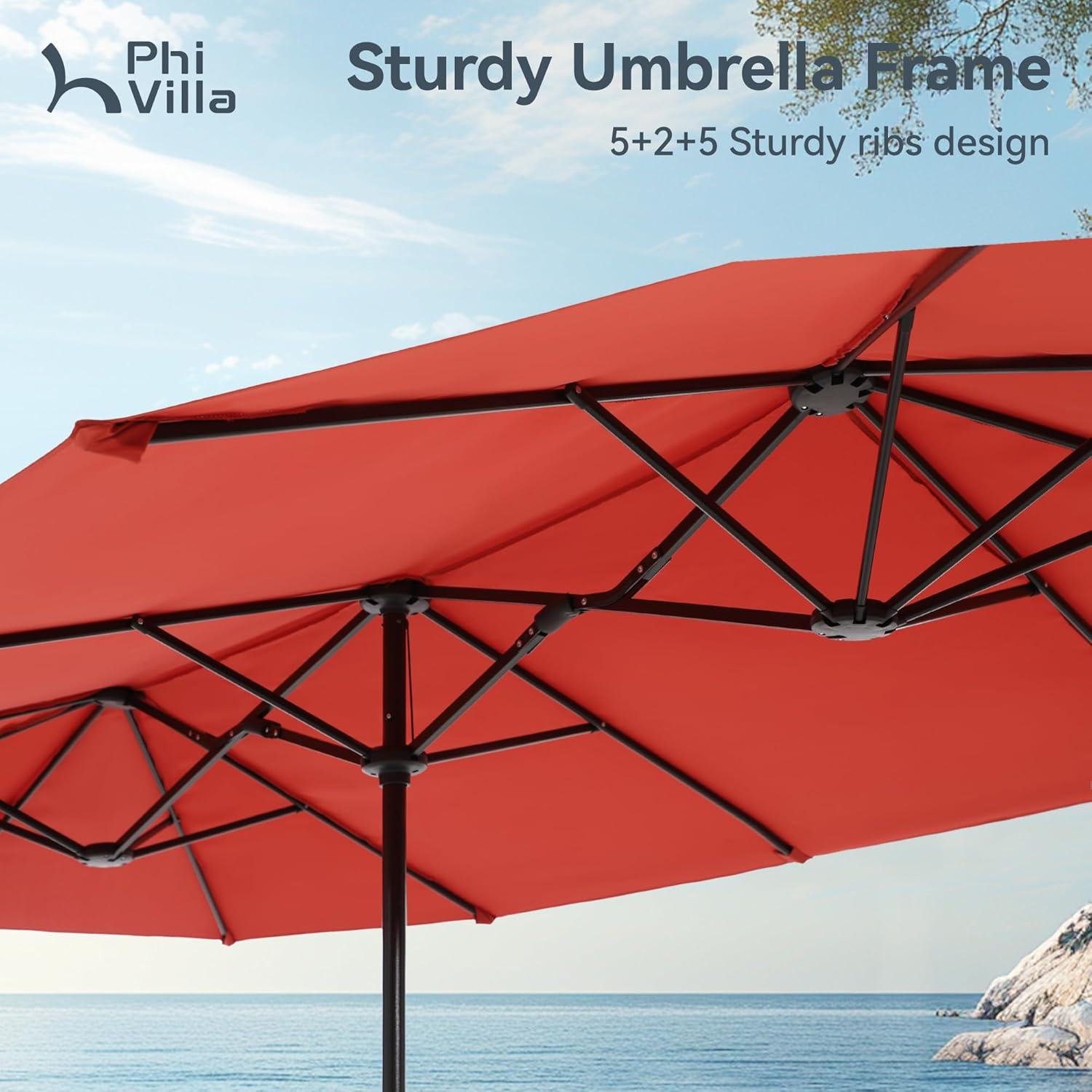 MAISON ARTS  Double-Sided 13-foot Twin Outdoor Market Crank Umbrella with Colored LED Lights Red-No Lights