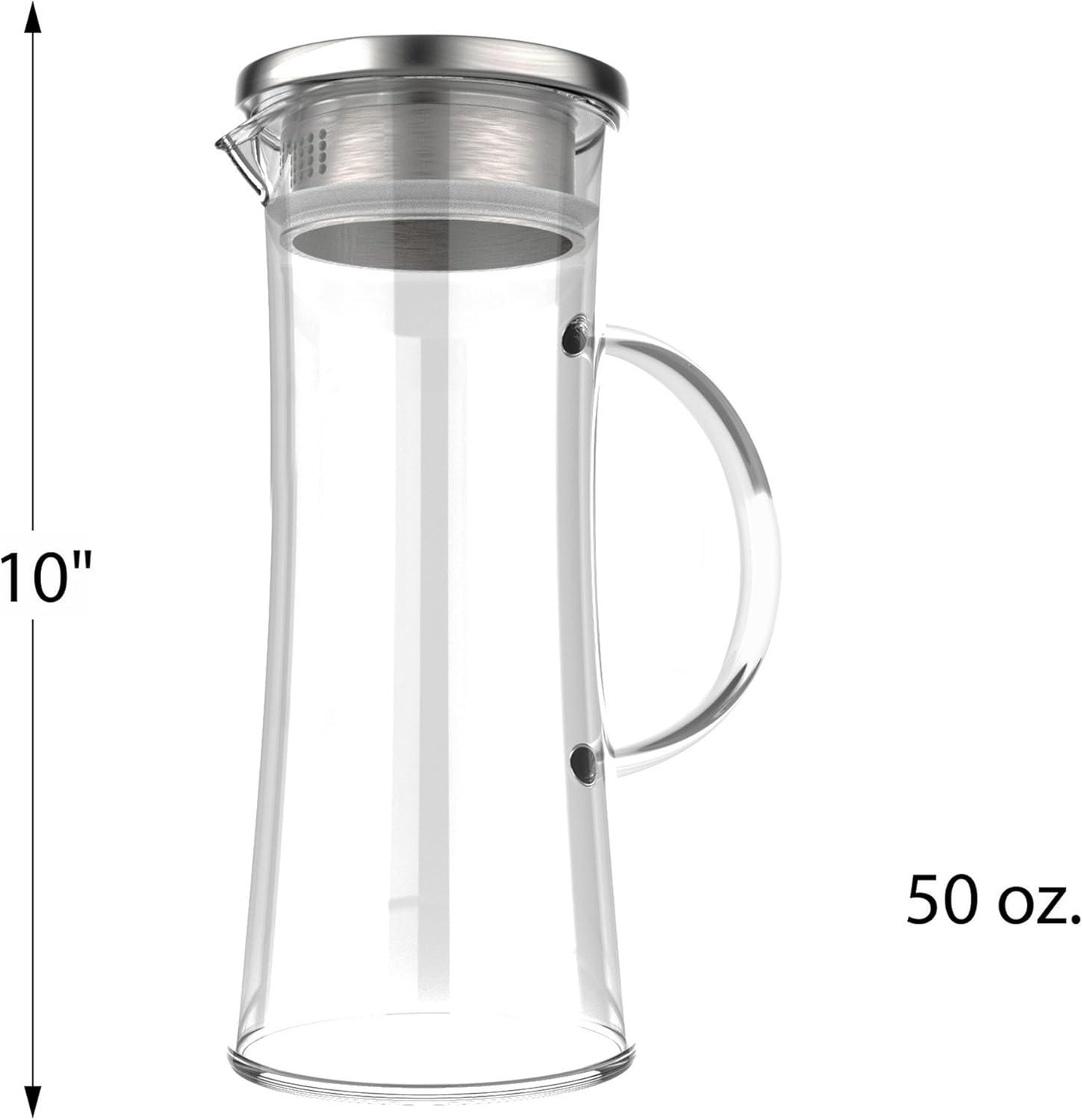 Glass Pitcher-50oz. Carafe with Stainless Steel Filter Lid- Heat Resistant to 300F-For Water, Coffee, Tea, Punch, Lemonade and More by Classic Cuisine