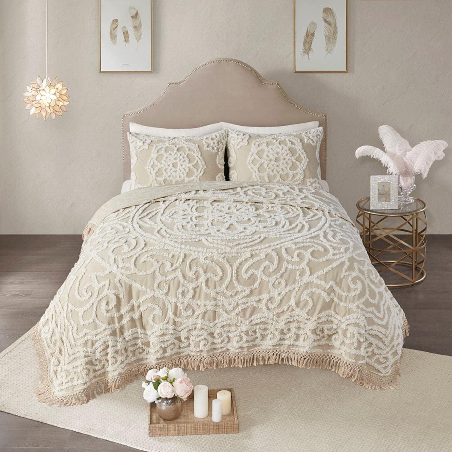 Laetitia Tufted Chenille Cotton Medallion Fringe Coverlet Set