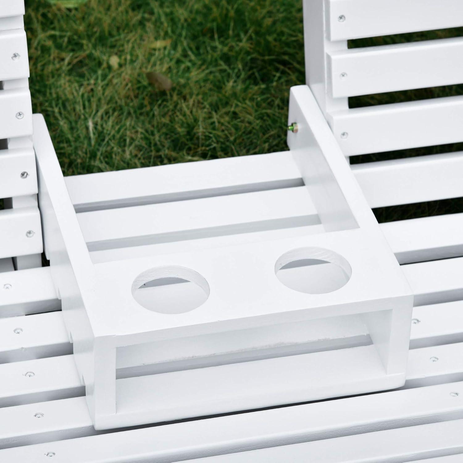 Outsunny 3-Seater Wooden Porch Swing, Patio Swing Bench with Folding Coffee Table, Cup Holders and Chains Included, 440lbs Weight Capacity, White