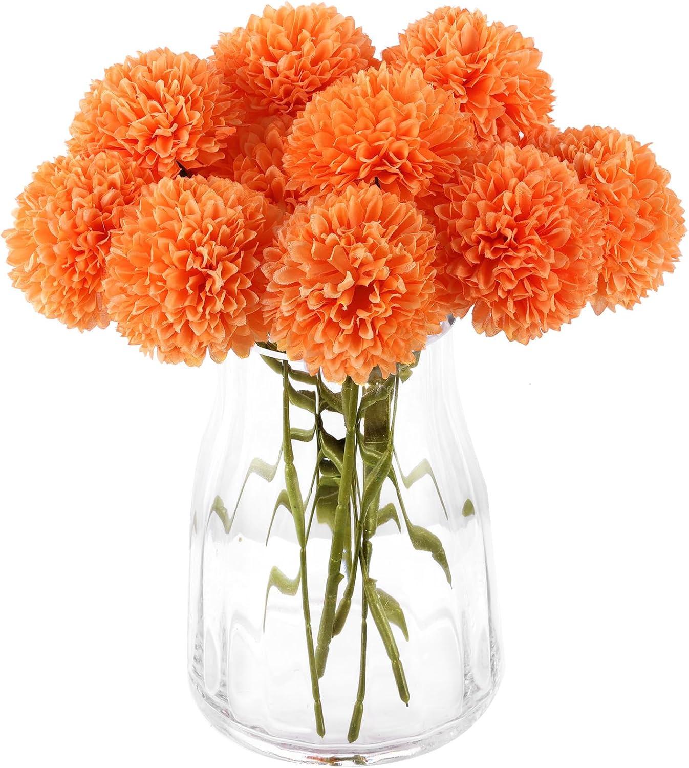 12pcs Orange Fake Flowers 12" Artificial Chrysanthemum Ball Silk Flowers Bouquet for Home Kitchen Wedding Table Arrangement Decorations