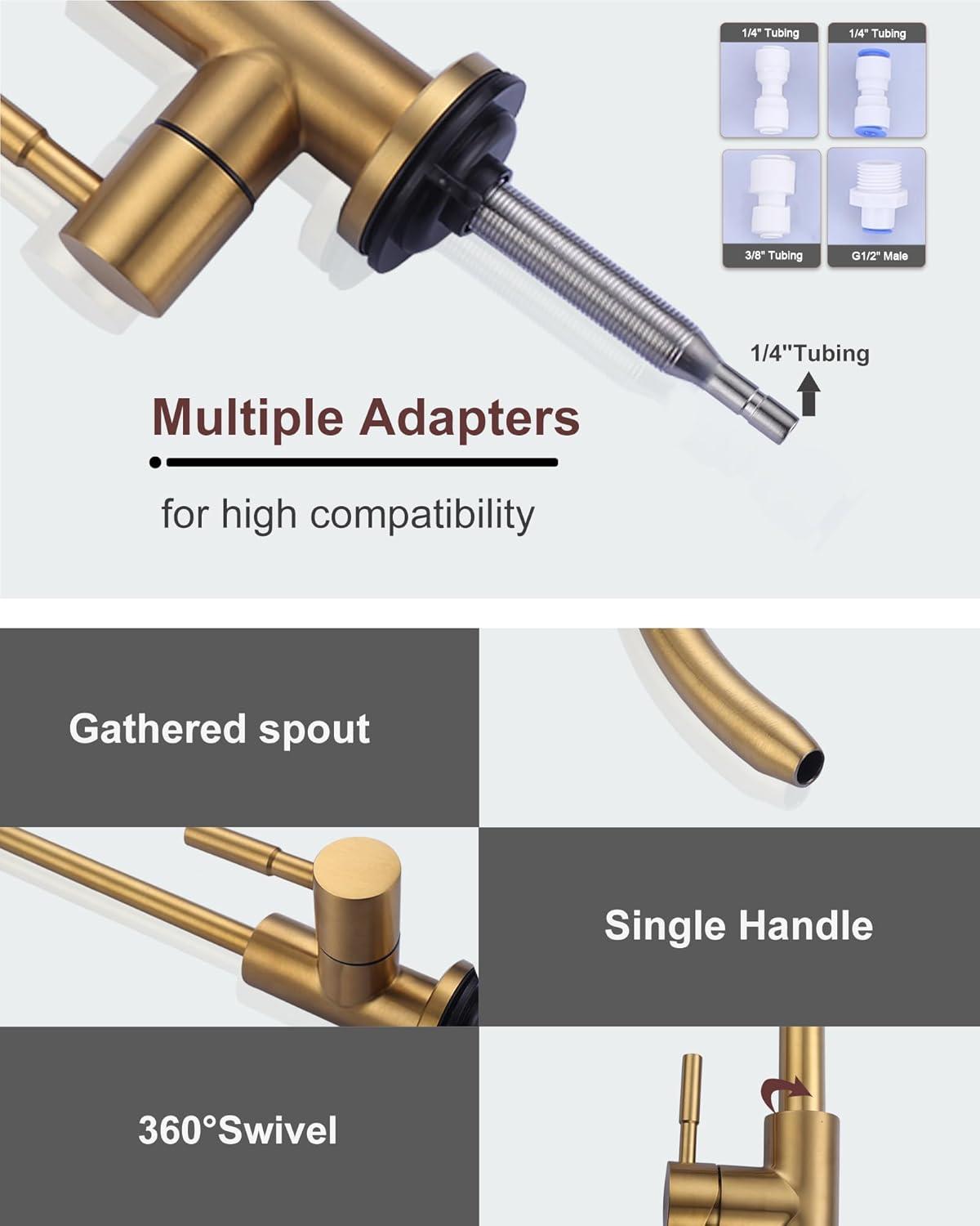 FashionSecretsLLC Kitchen Faucet and Water Filter Faucet Combo, WOWOW Stainless Steel Kitchen Sink Faucet with Drinking Water Faucet for Reverse Osmosis or Water Filtration System, Brushed Gold Sinkfaucet-BG-025