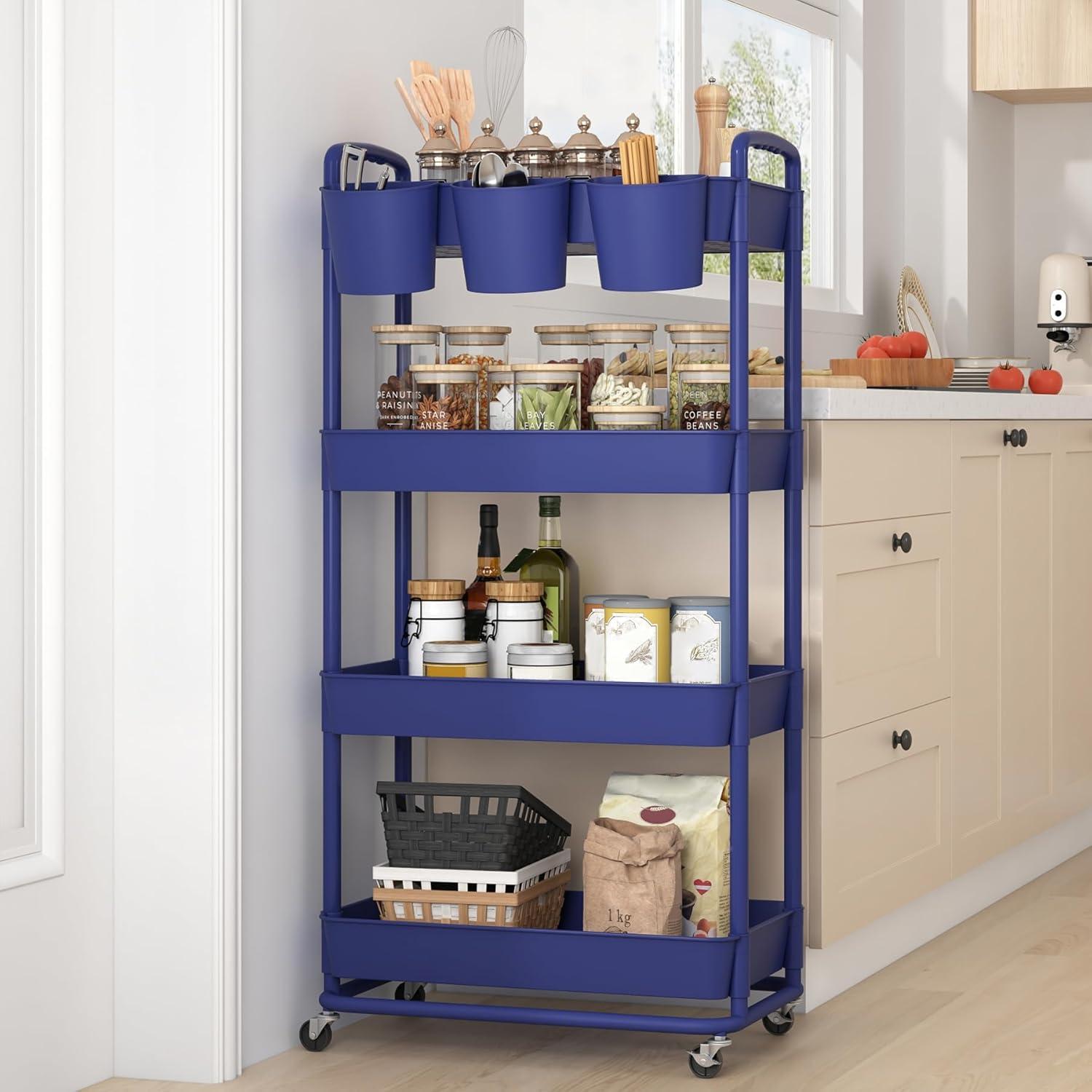 White 4-Tier Plastic Rolling Storage Cart with Lockable Wheels