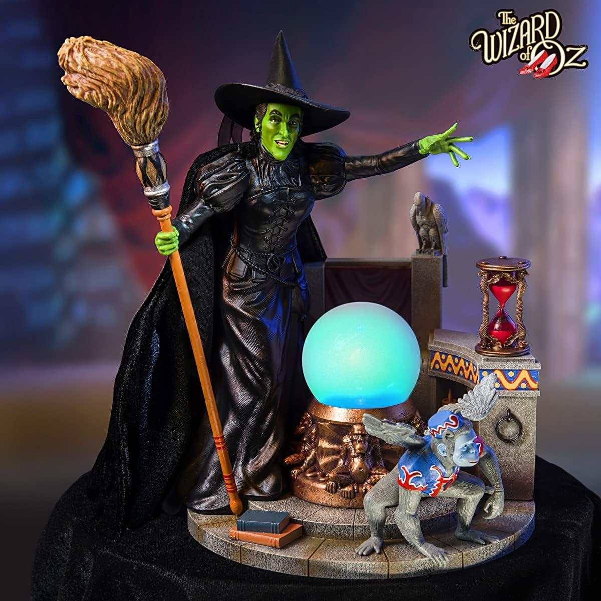 The Wizard of OZ Hand-Painted Wicked Witch of The WEST Sculpture with Poseable Fabric Cape, Hour Glass, Flying Monkey and Color-Changing Crystal Ball