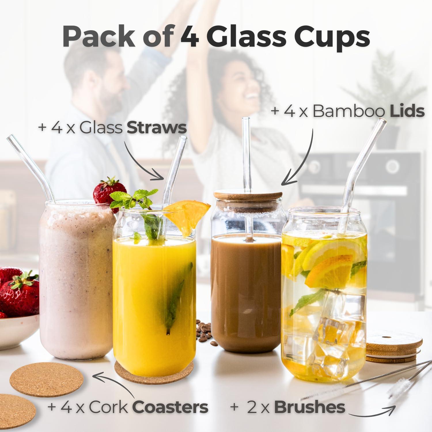 Iced Coffee Cup 18 Oz with(4 Pcs Pack) Natural Bamboo Lids, Clear Glass Cups with Lids and Straws, Ideal Gifts for Women, Birthday & Christmas, Elephant Gifts - Scoozee