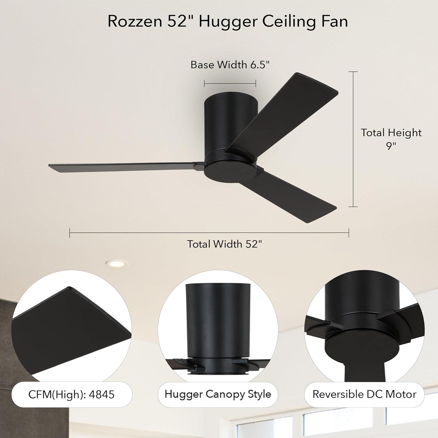 Monte Carlo 3RZHR52MBK Rozzen Hugger 52" Black Ceiling Fan with Remote Control, Reversible DC Motor, Damp Rated, 3 Reversible Blades (Midnight Black and American Walnut)