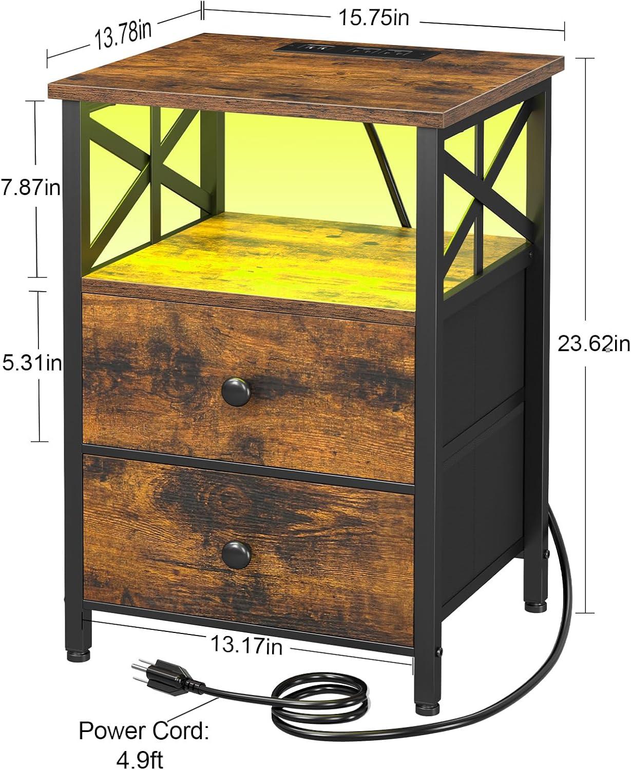 Rustic Brown LED Nightstand Set with Charging Station and Fabric Drawers