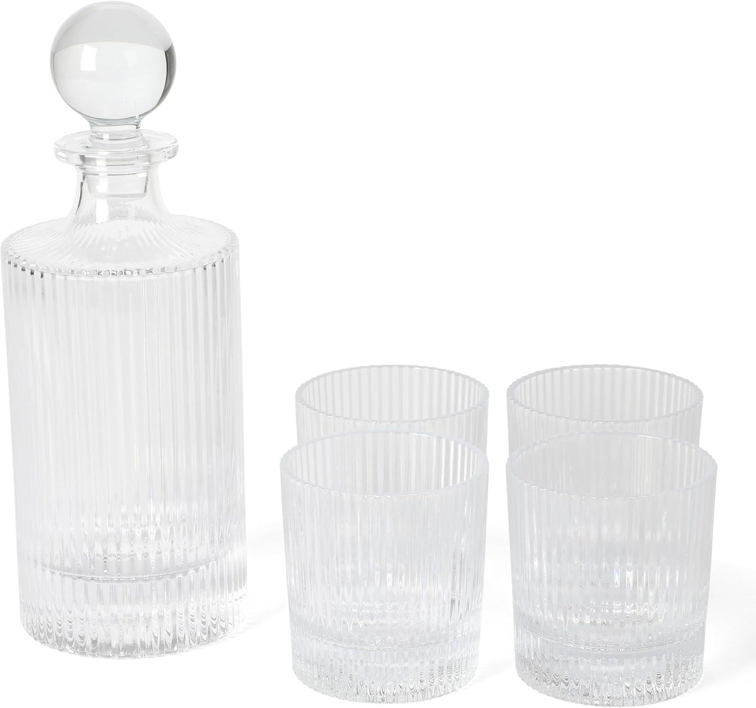 Clear Ribbed Glass Decanter and 4 Lowball Glass Set