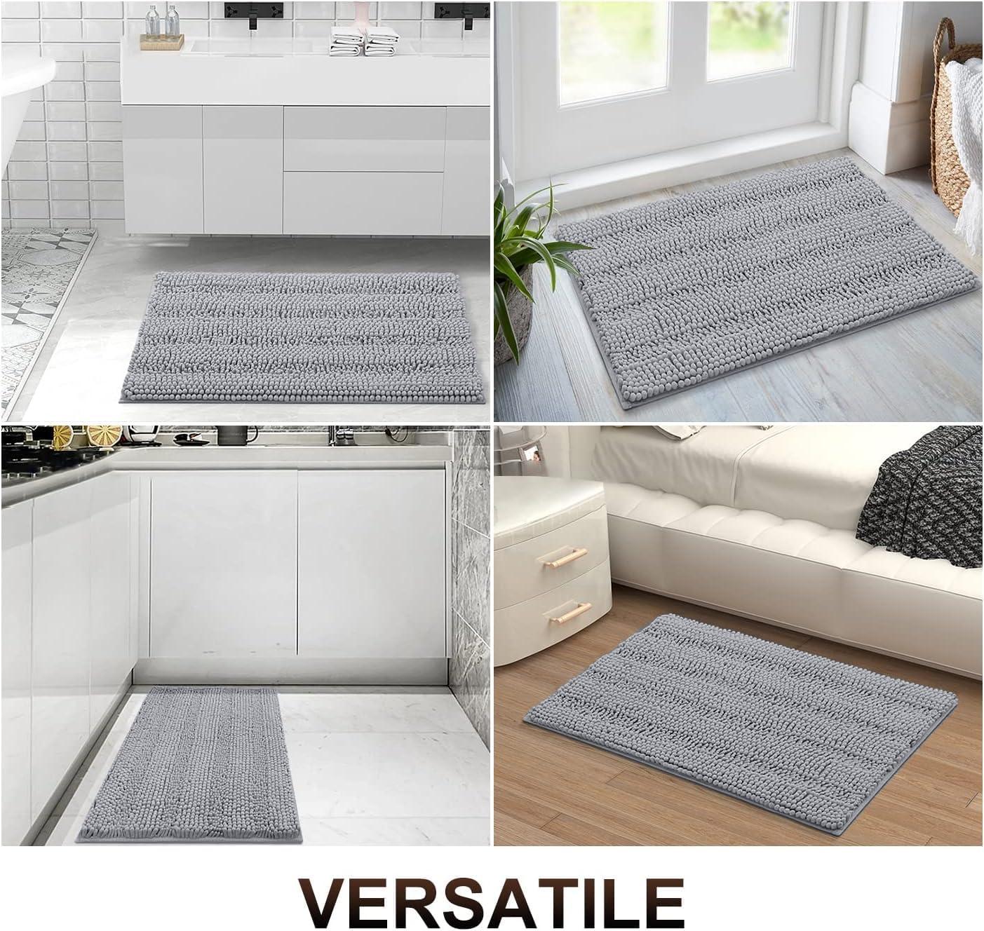 Buganda Chenille Striped Bathroom Rugs, Extra Soft and Absorbent Bath Mats, Anti-Slip Shaggy Bath Carpets, 16x24, Light Grey