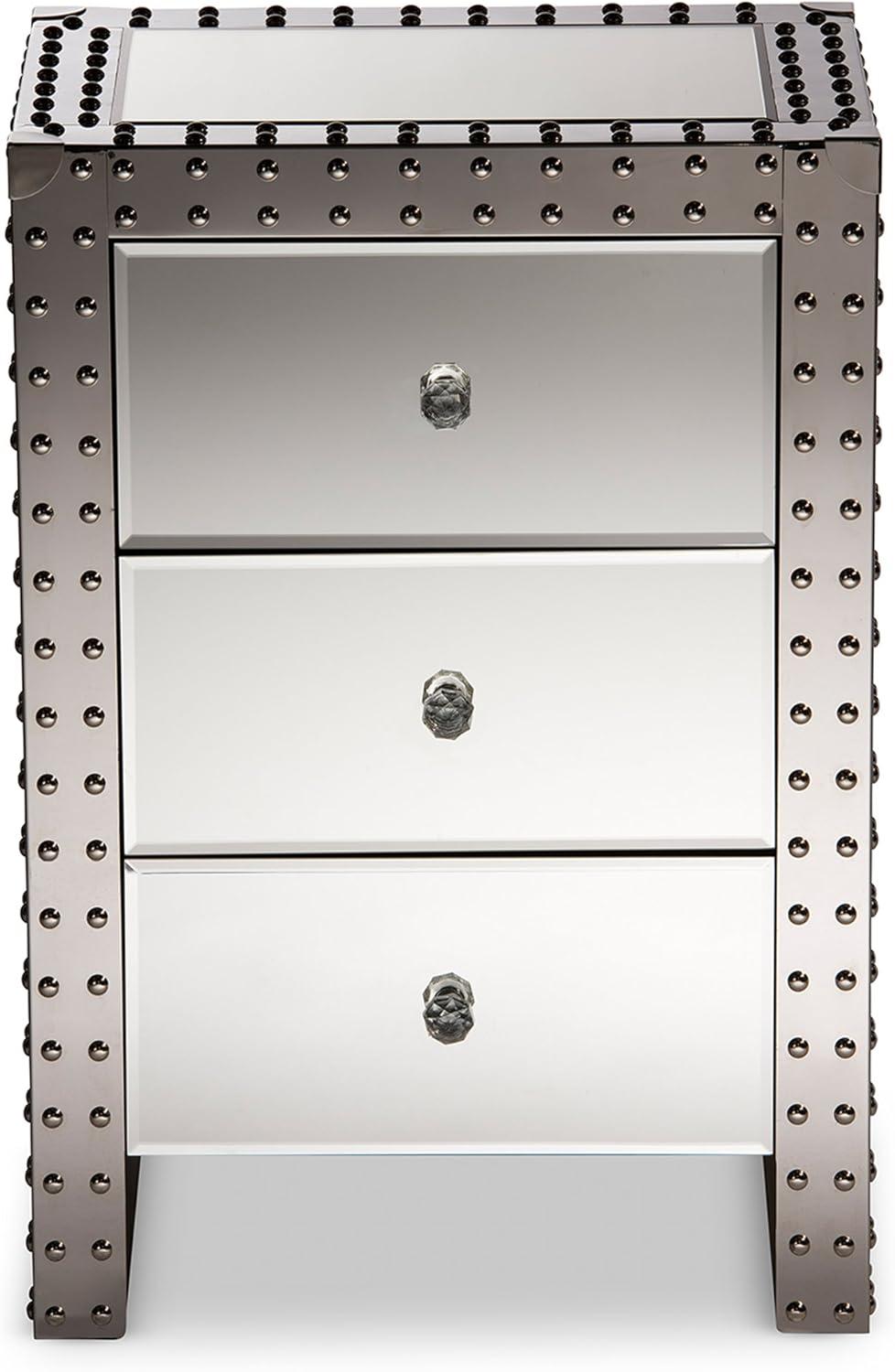 Azura Silver Mirrored 3-Drawer Nightstand with Nailhead Trim