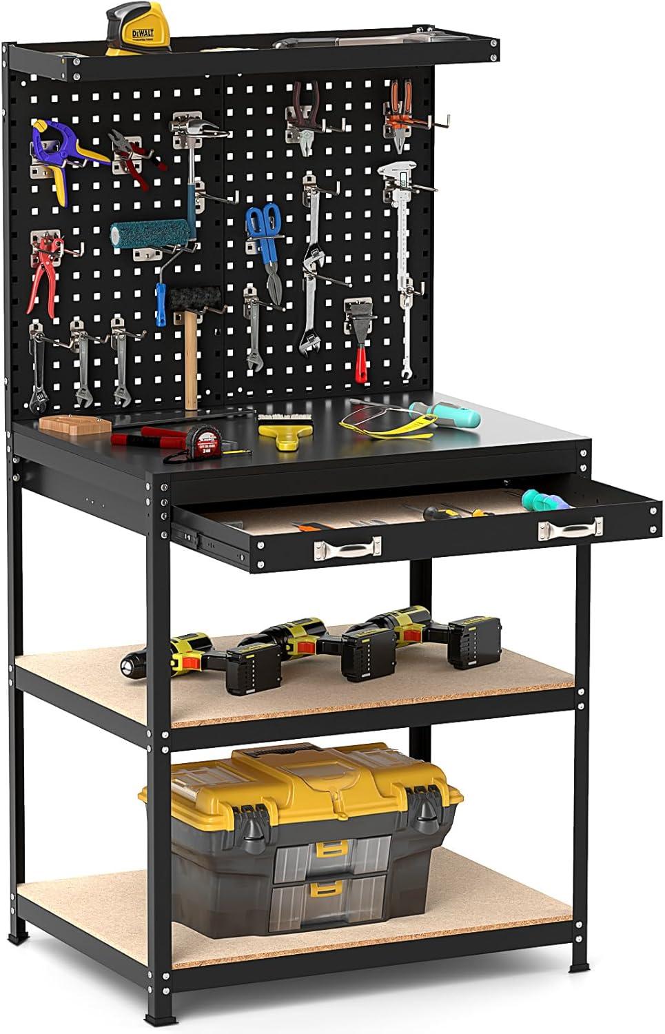Topcobe 32 x 16 Inch Workbench Work Table with 2 PCs Pegboard Drawer and Shelves, Modern Furniture for Indoor-Black