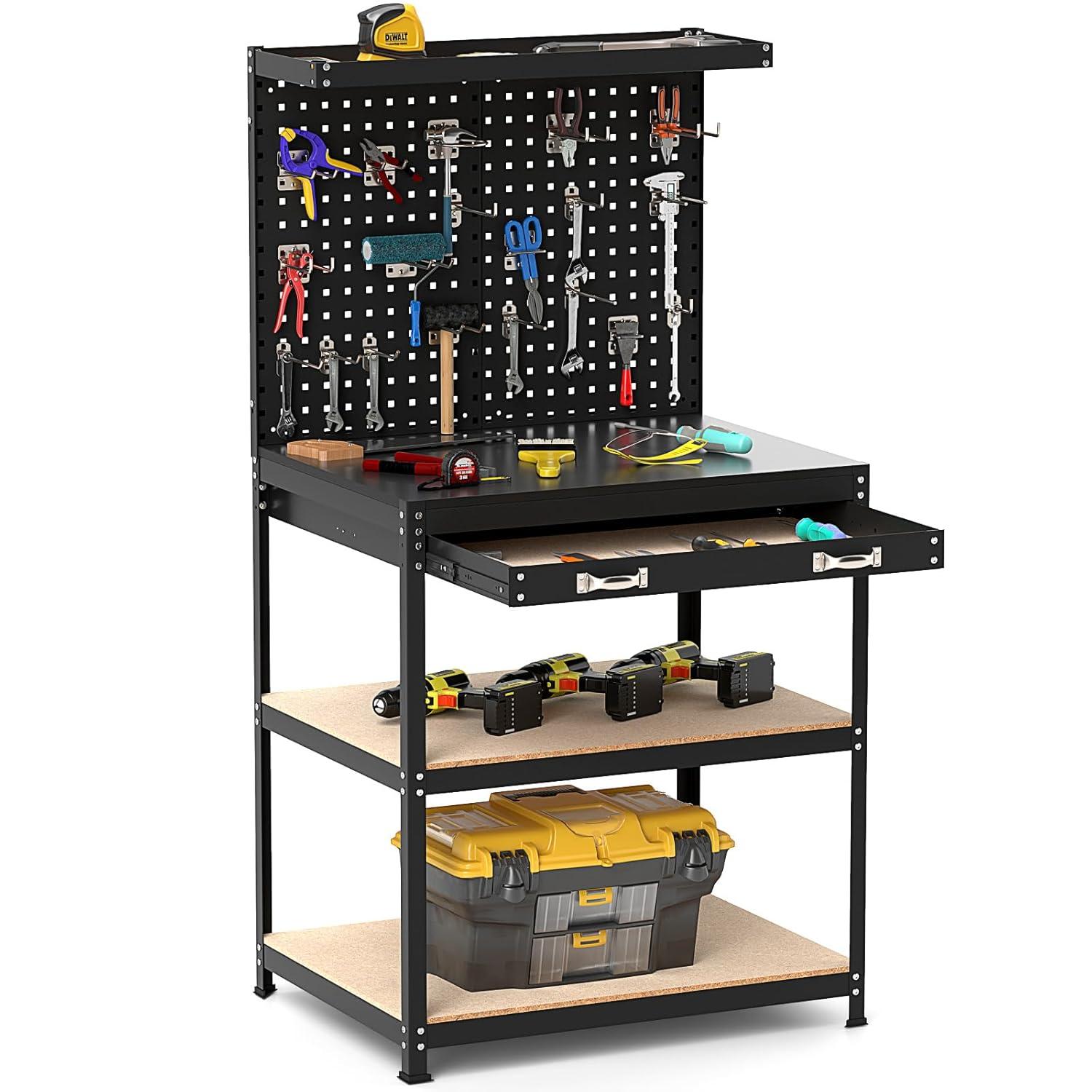 Topcobe 32 x 16 Inch Workbench Work Table with 2 PCs Pegboard Drawer and Shelves, Modern Furniture for Indoor-Black